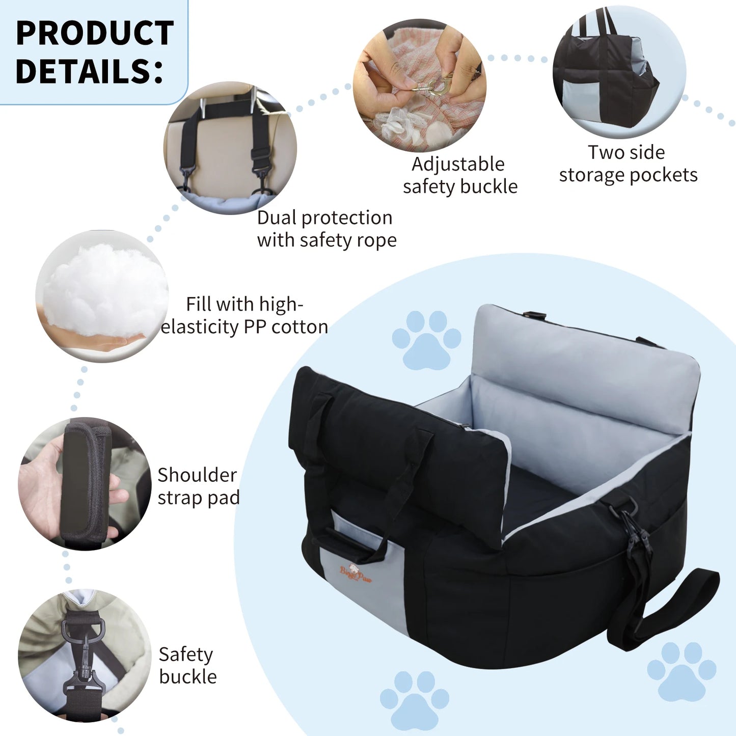 Borwart Portable Dog Car Seat With Safety Belt And Storage