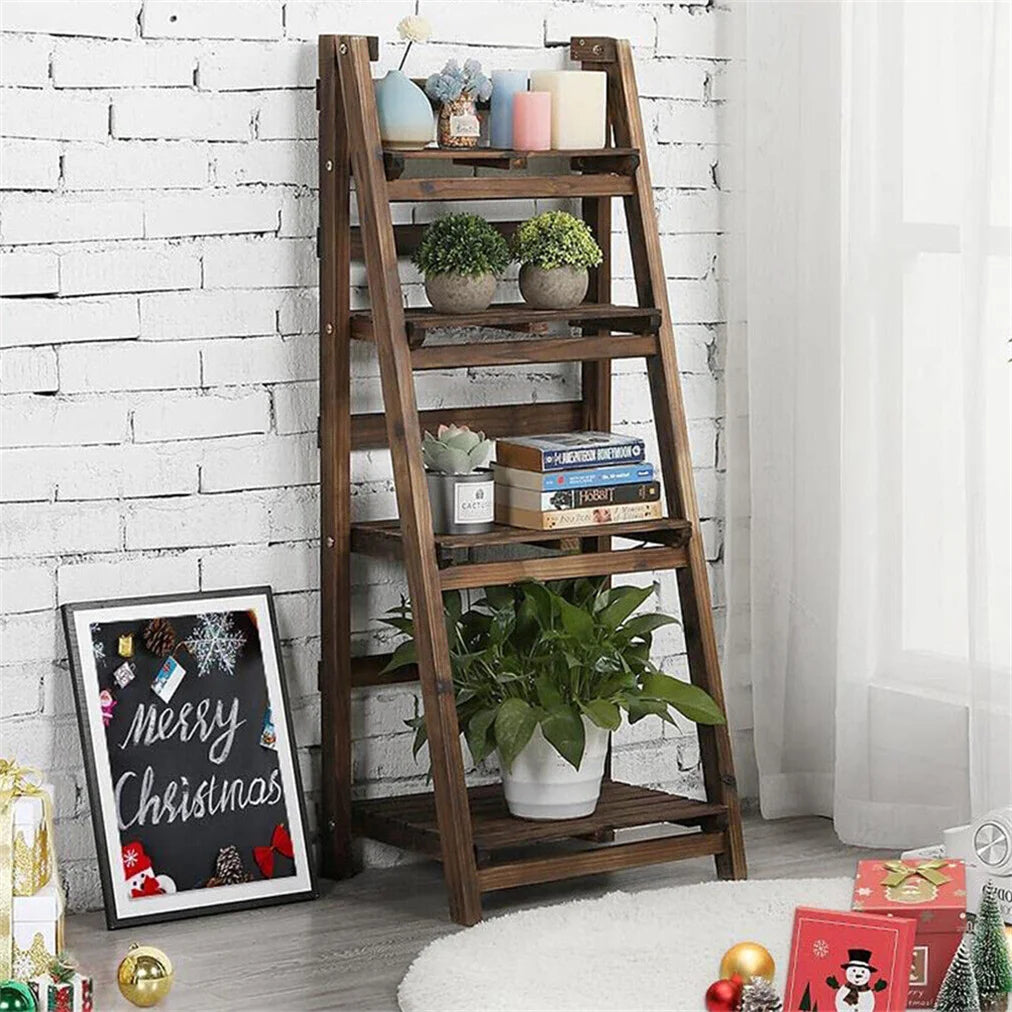 Folding Four Tier Ladder Shelf Wood Storage Rack For Plants