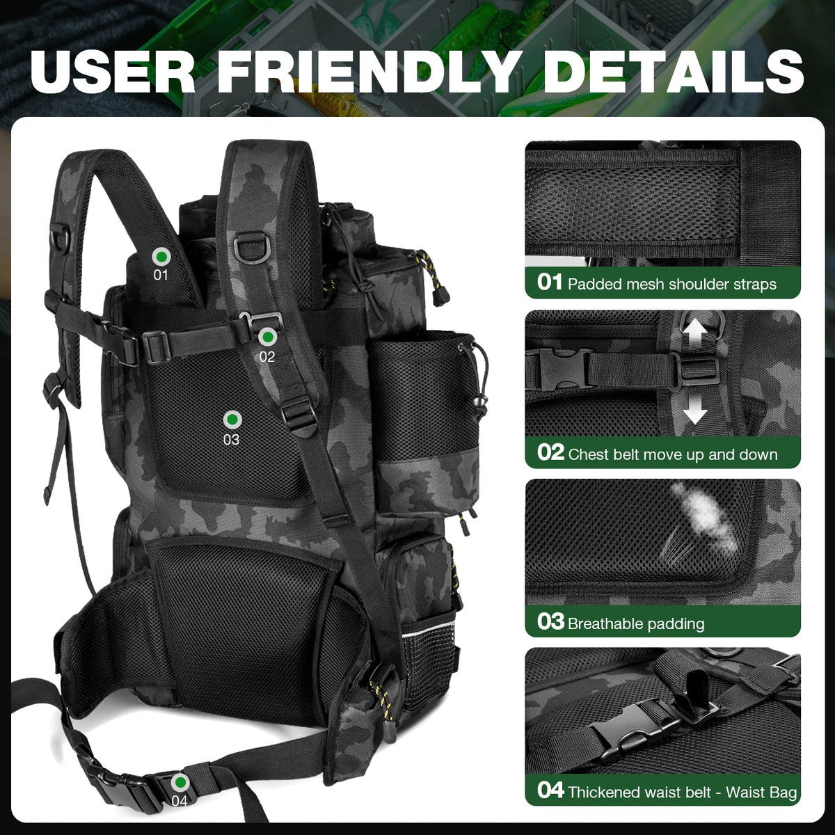 Ghosthorn 43L Fishing Backpack with 4×3600 Tackle Boxes, Rod Holder & Detachable Waist Bag, Waterproof