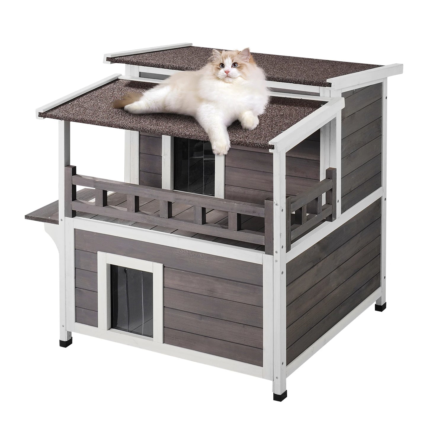 SucceBuy Outdoor Cat House Weatherproof Two Story Cedar Shelter