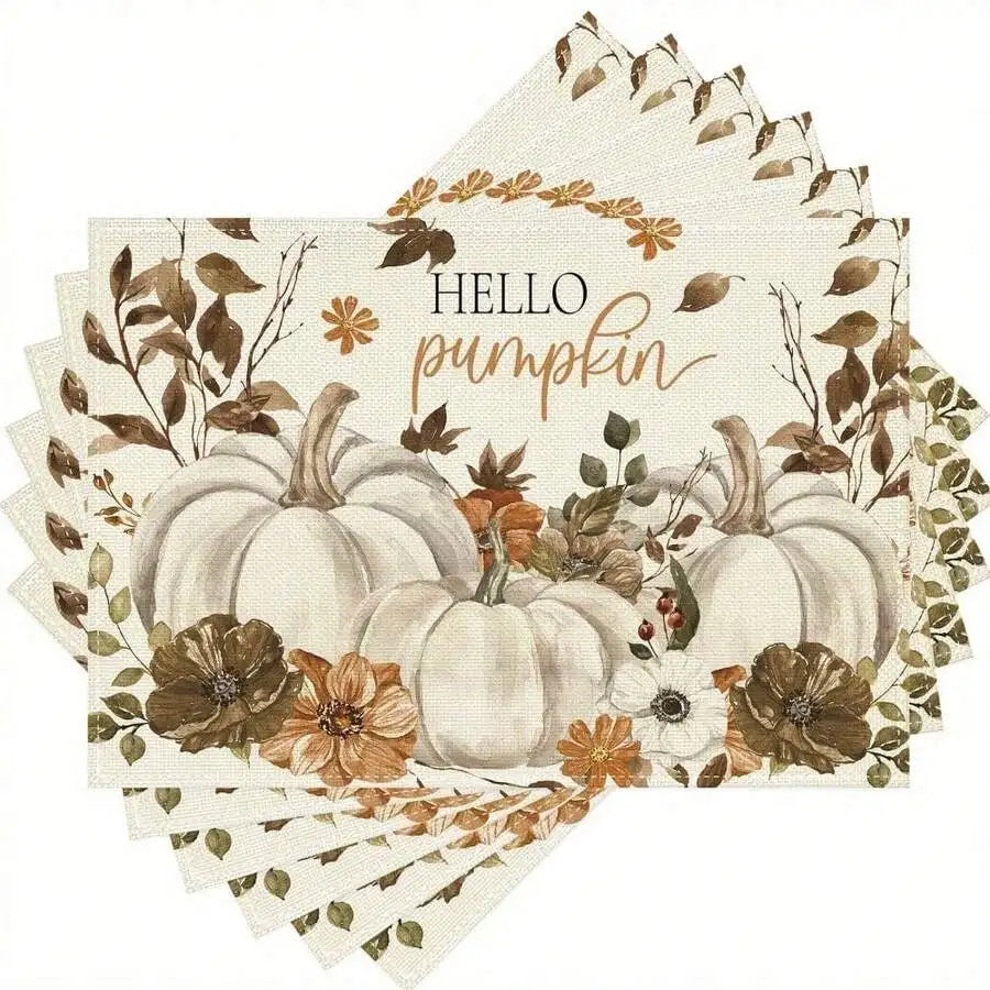 4pcs Hello Pumpkin Hand-Painted Flowers White Pumpkin Placemats 12x18 Inch Fall Thanksgiving Table Decorations For Kitchen Di