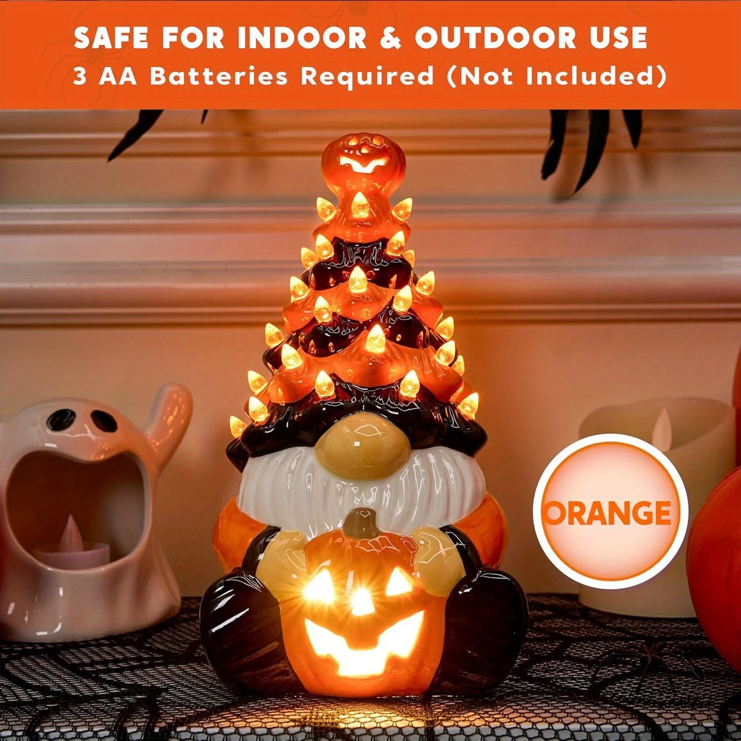8.5 inch Tall Halloween Decoration Pumpkin Gnome Ceramic Tree with Build-in LEDs Tabletop Decor for Halloween Indoor Party Supplies Decoration, Battery Operated, Home Party Decors