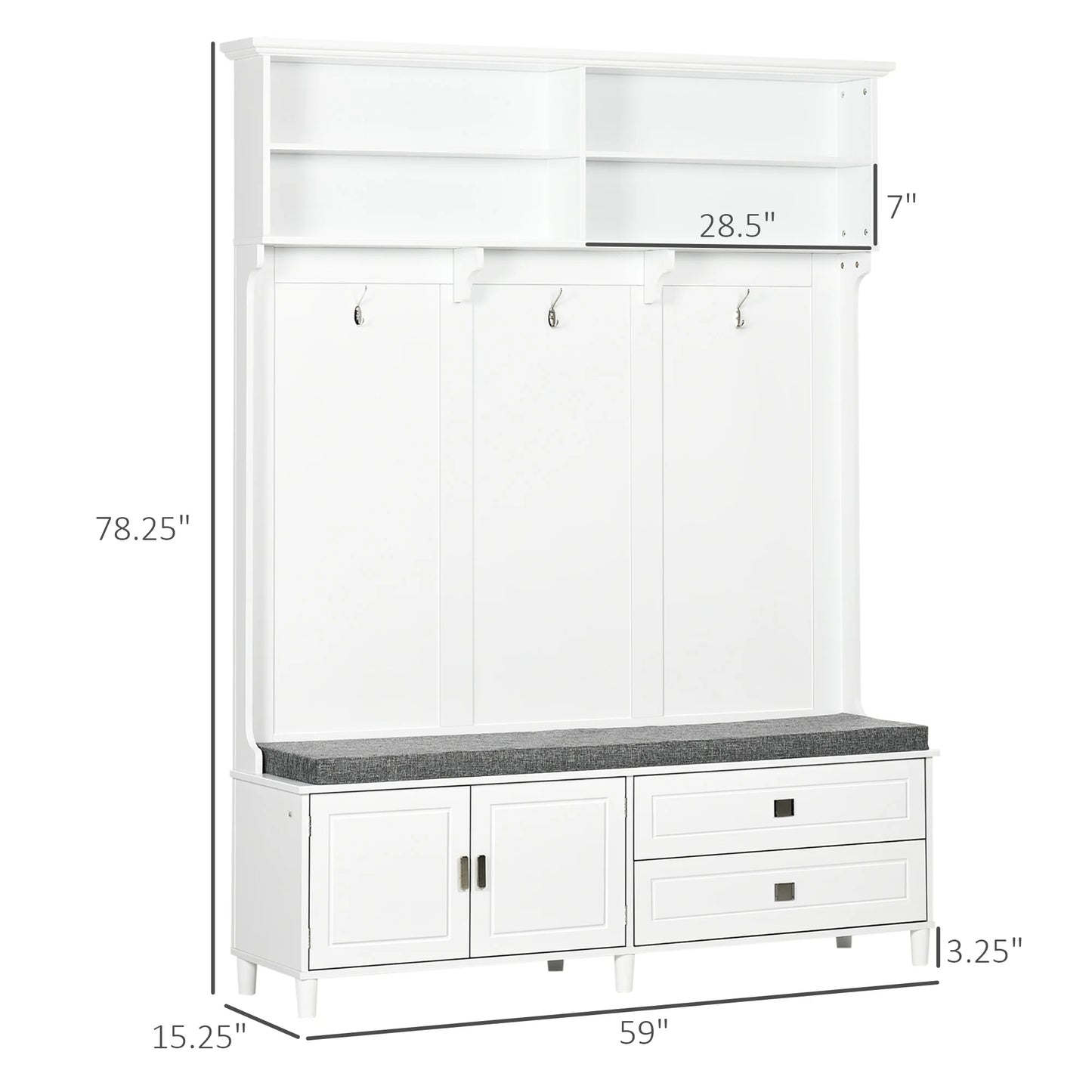 Hall Tree with Storage Bench, Entryway Bench with Coat Rack, Accent Coat Tree with Storage Shelves, Cabinet and Drawers for Hallway, Mudroom, White