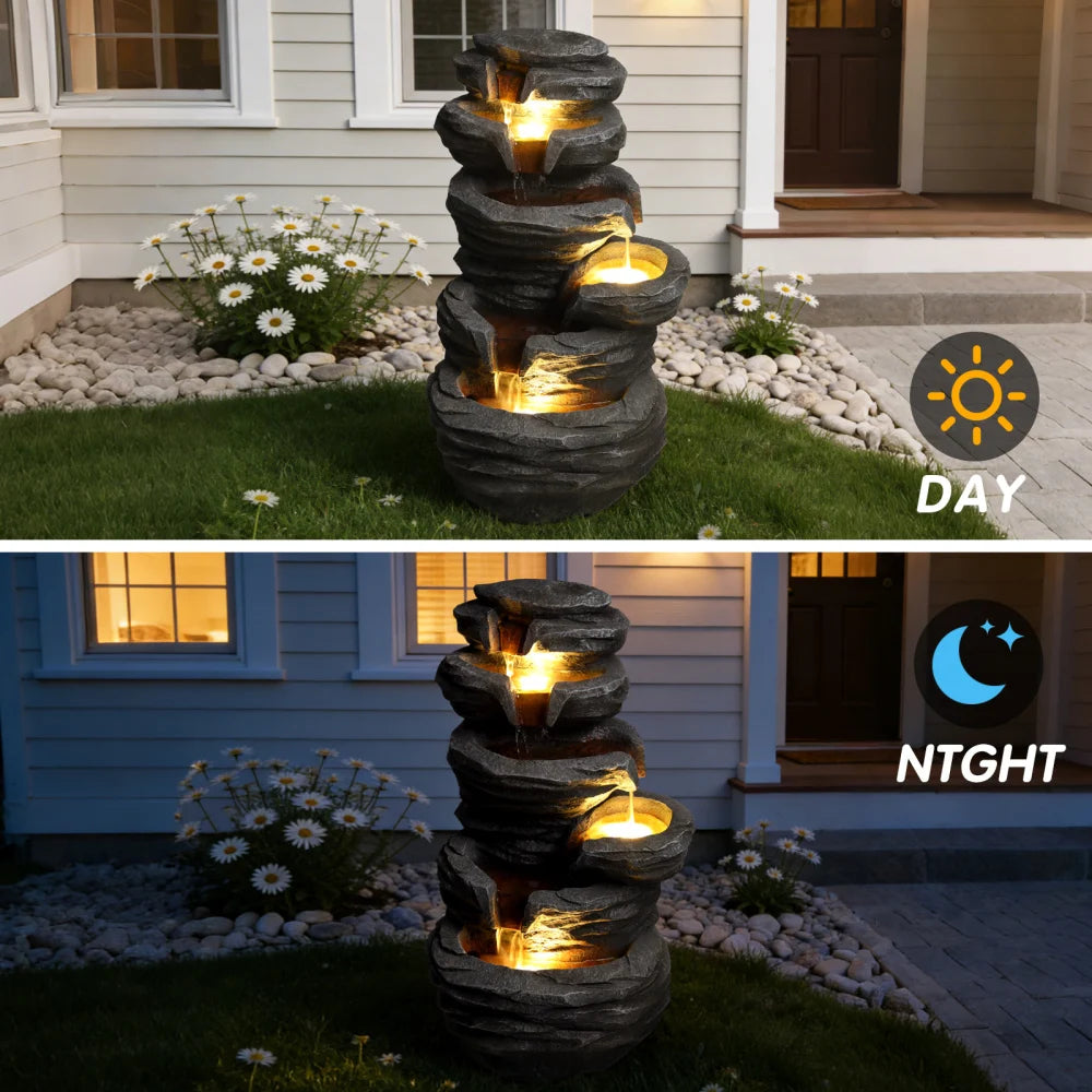 Outdoor Stacked Rock Waterfall Fountain With Integrated Garden Lighting
