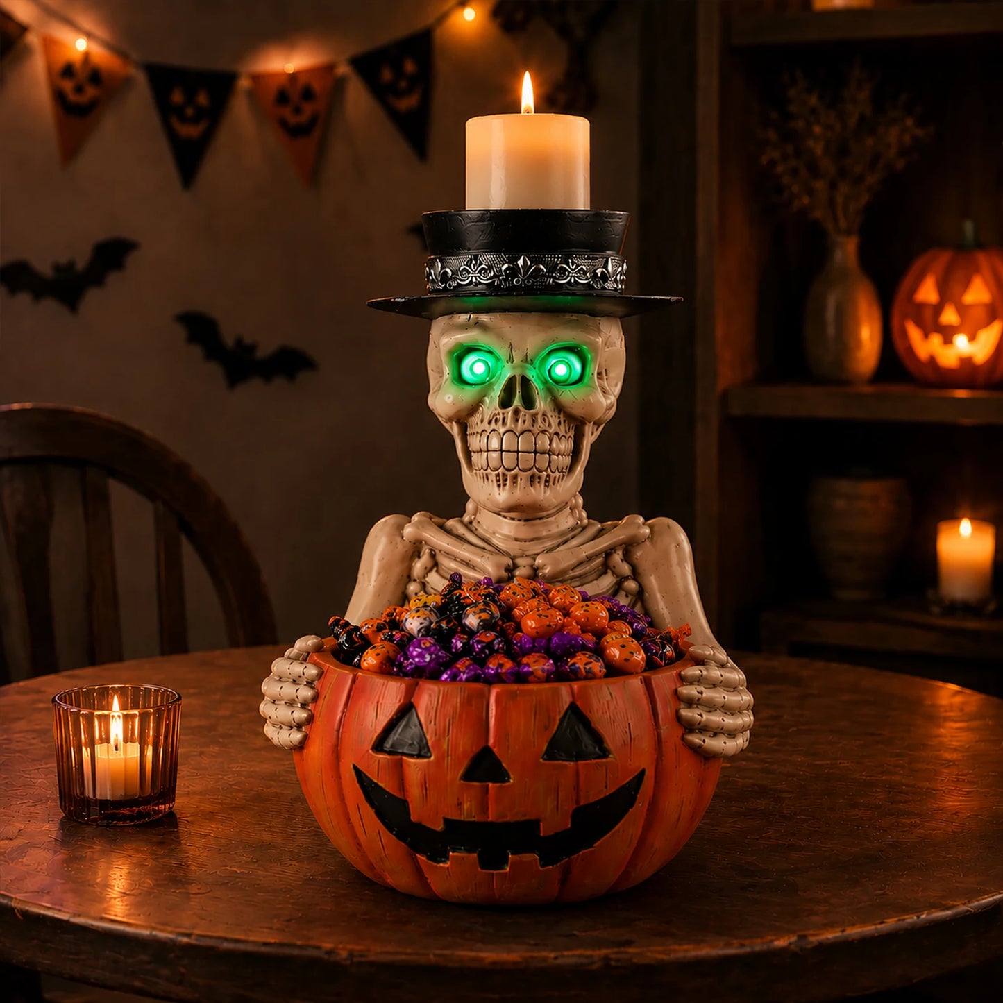 Halloween Skeleton Figurine with Pumpkin Candy Bowl & Candle Holder, Spooky Table Decor for Halloween