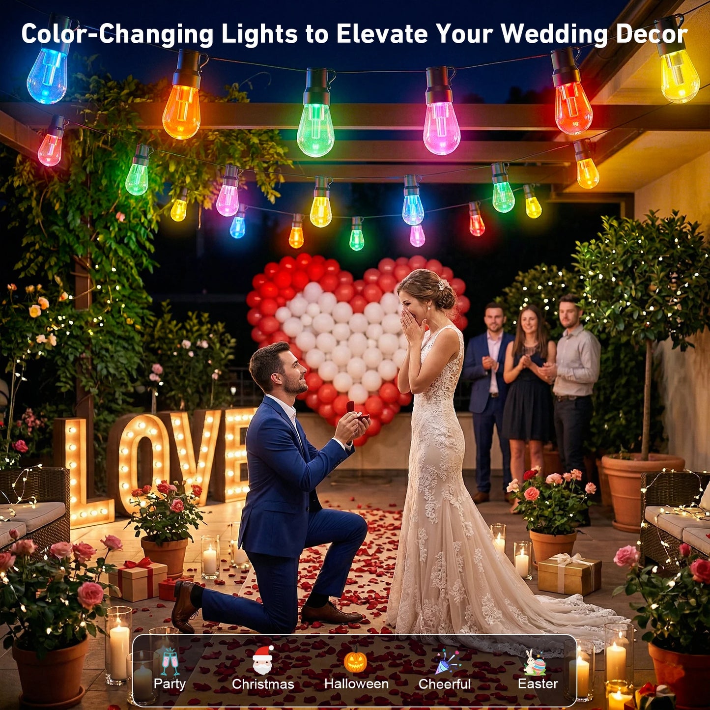 200FT RGB+IC Outdoor String Lights IP67 Waterproof DreamColor LED Bulbs Dimmable Shatterproof Patio Backyard Balcony Eave Lights APP Remote Control Chasing Effect