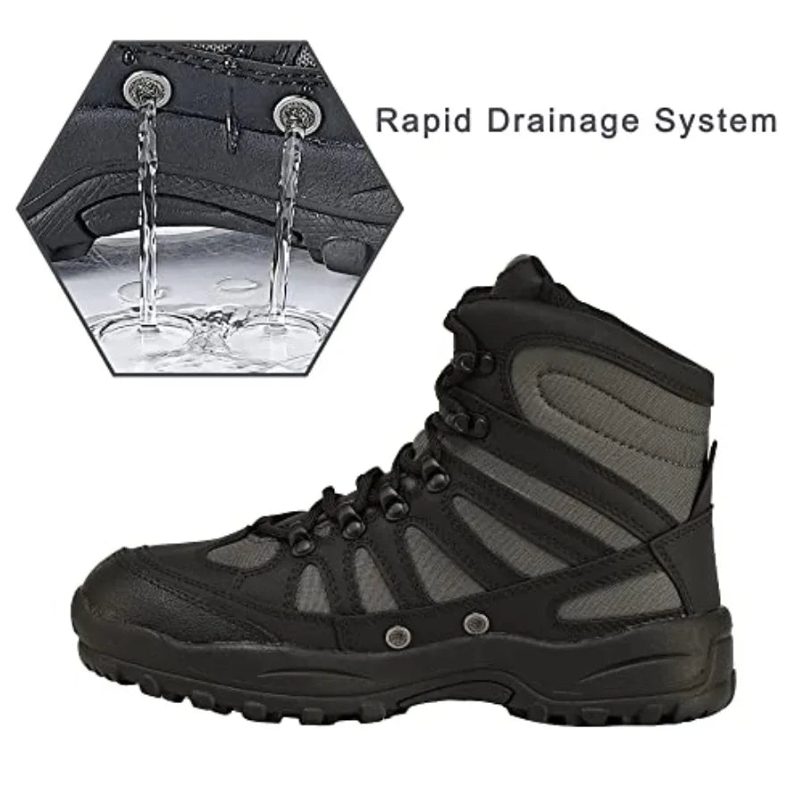 Fishing wading boots for men and women: rubber sole anti-slip, rotating buckle lacing system, black, durable waterproof neopren