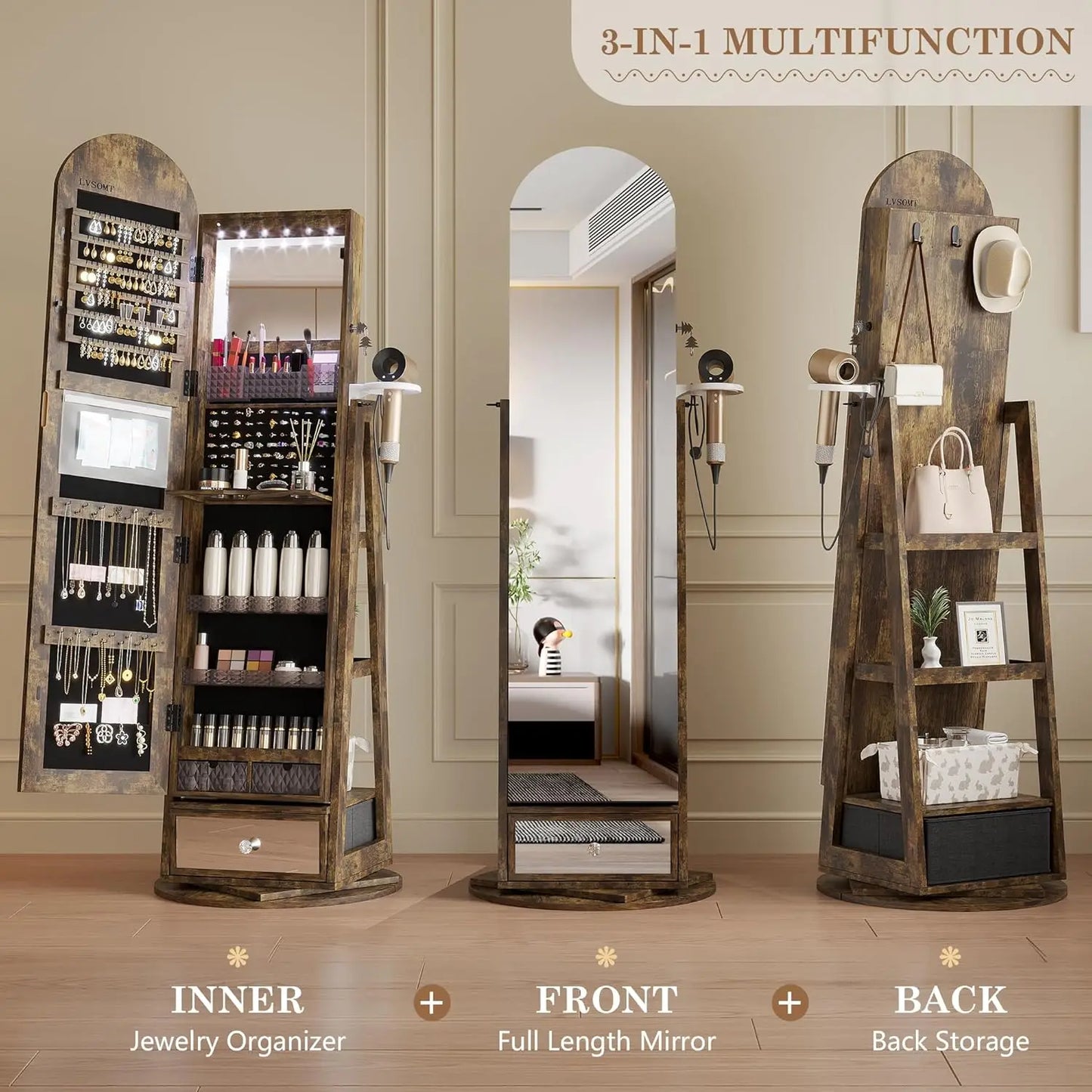 MOYU 360 Degree Swivel Arched Jewelry Mirror Cabinet with LED