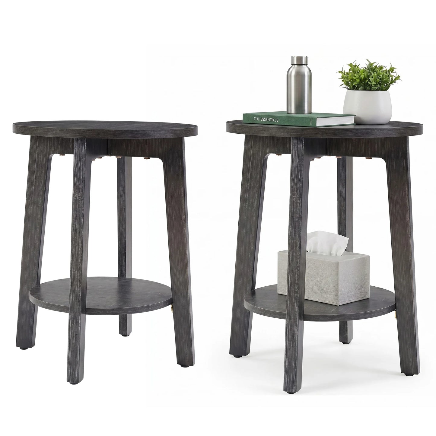 JHK Wood Round Side Tables Coffee Table For Living Room 2-Tier Center Counter with Storage Shelf Bedside Nightstand with Non-Slip Pads