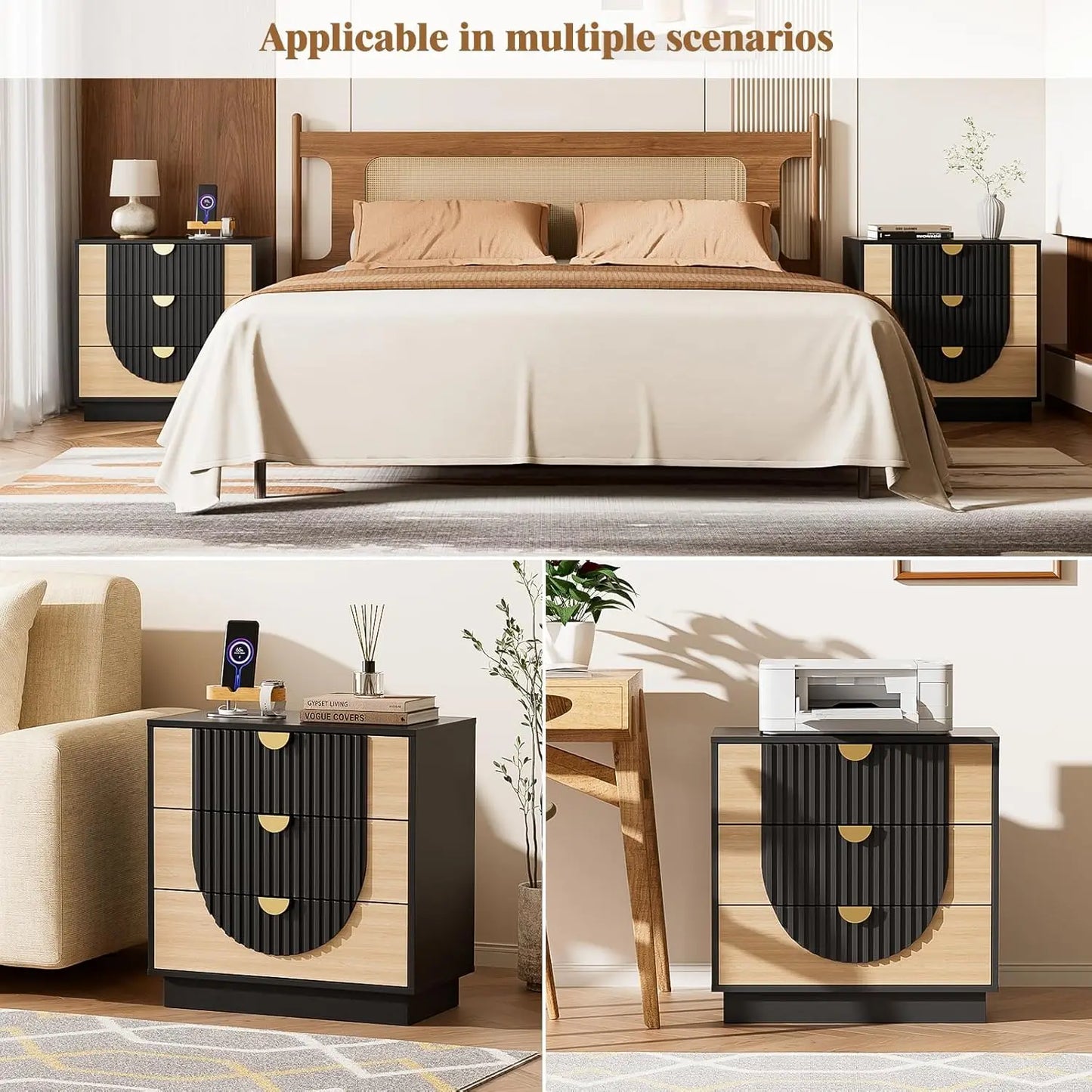 3 Drawer Nightstand With Charging Station Wood Bedside Table