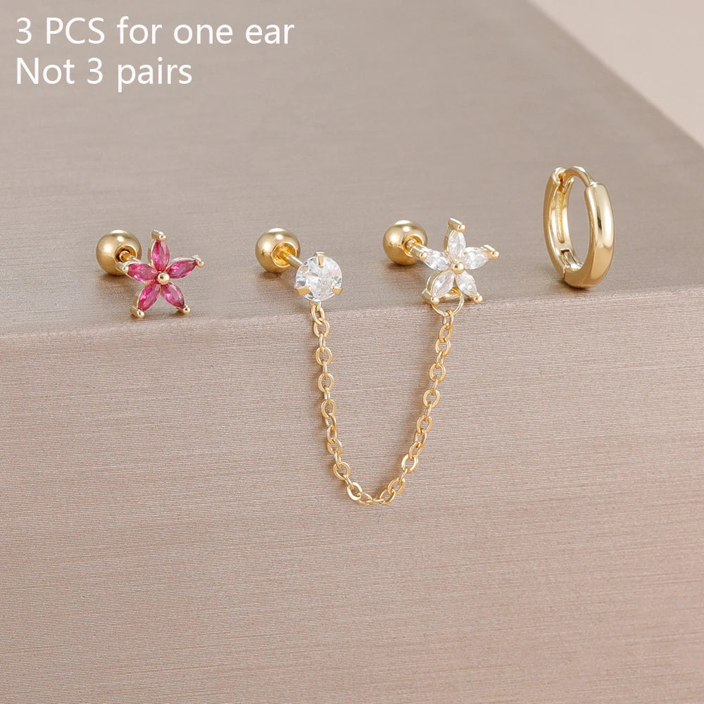 3PCS Stainless Steel Zircon Flower Star Ear Stud Earrings Set 14K Gold Plated Chain Cartilage Piercing Earring Women's Jewelry