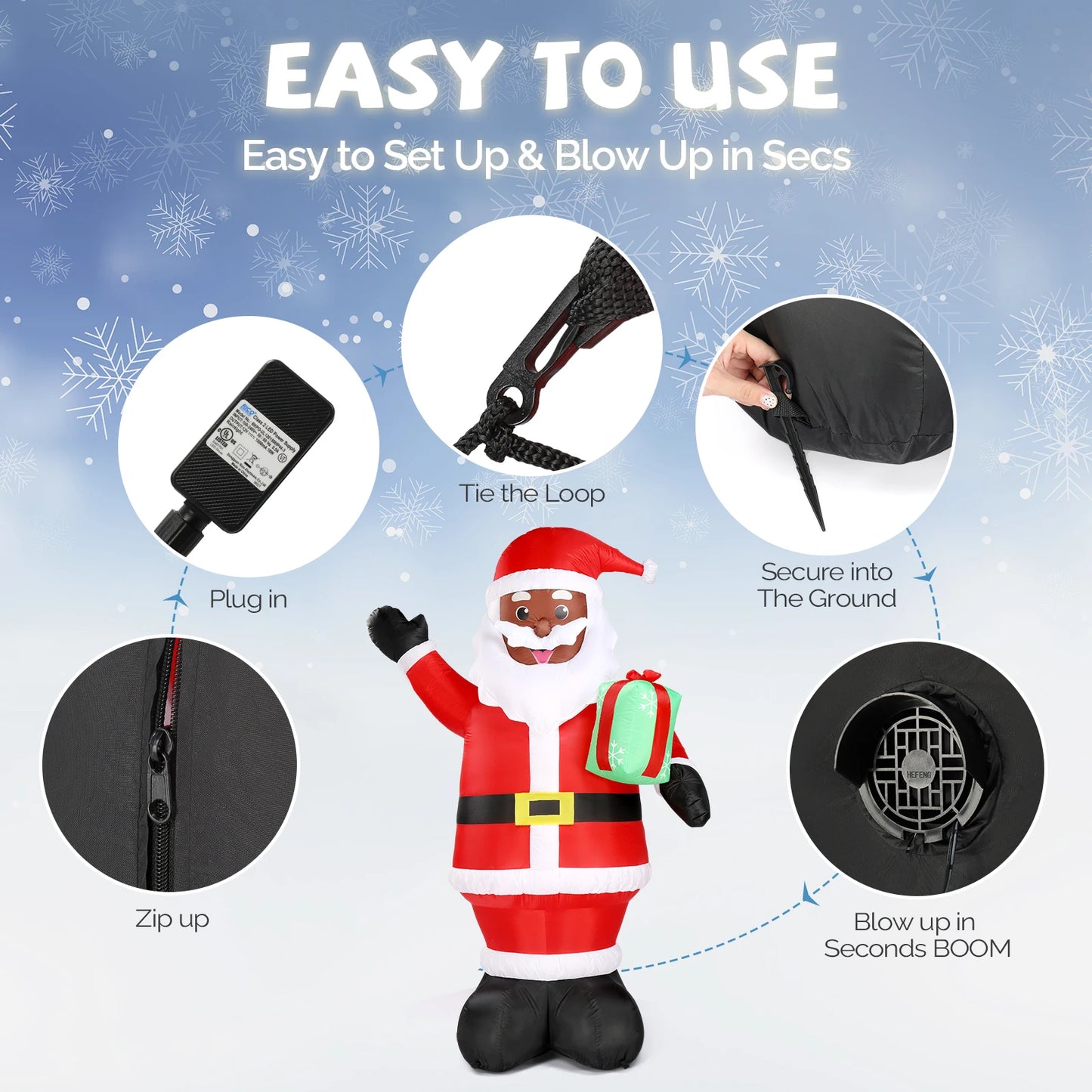 7FT Lighted Christmas Inflatable Black Santa Claus with Gift Box, Built-in LED Lights Blow Up Yard Decor for Outdoor Lawn Garden Holiday Party Decoration
