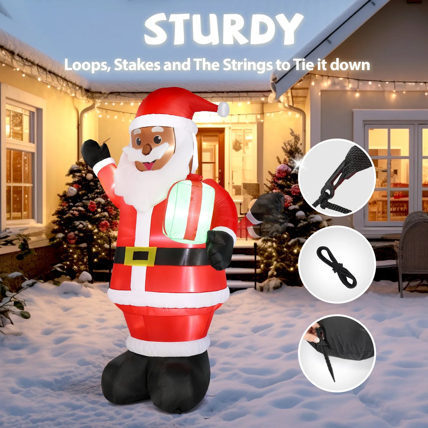 7FT Lighted Christmas Inflatable Black Santa Claus with Gift Box, Built-in LED Lights Blow Up Yard Decor for Outdoor Lawn Garden Holiday Party Decoration
