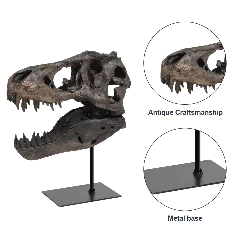 Dinosaur Skull Statue Resin Replica Head Sculptures with Bracket Skull Sculptures Gift for Kids and Adults