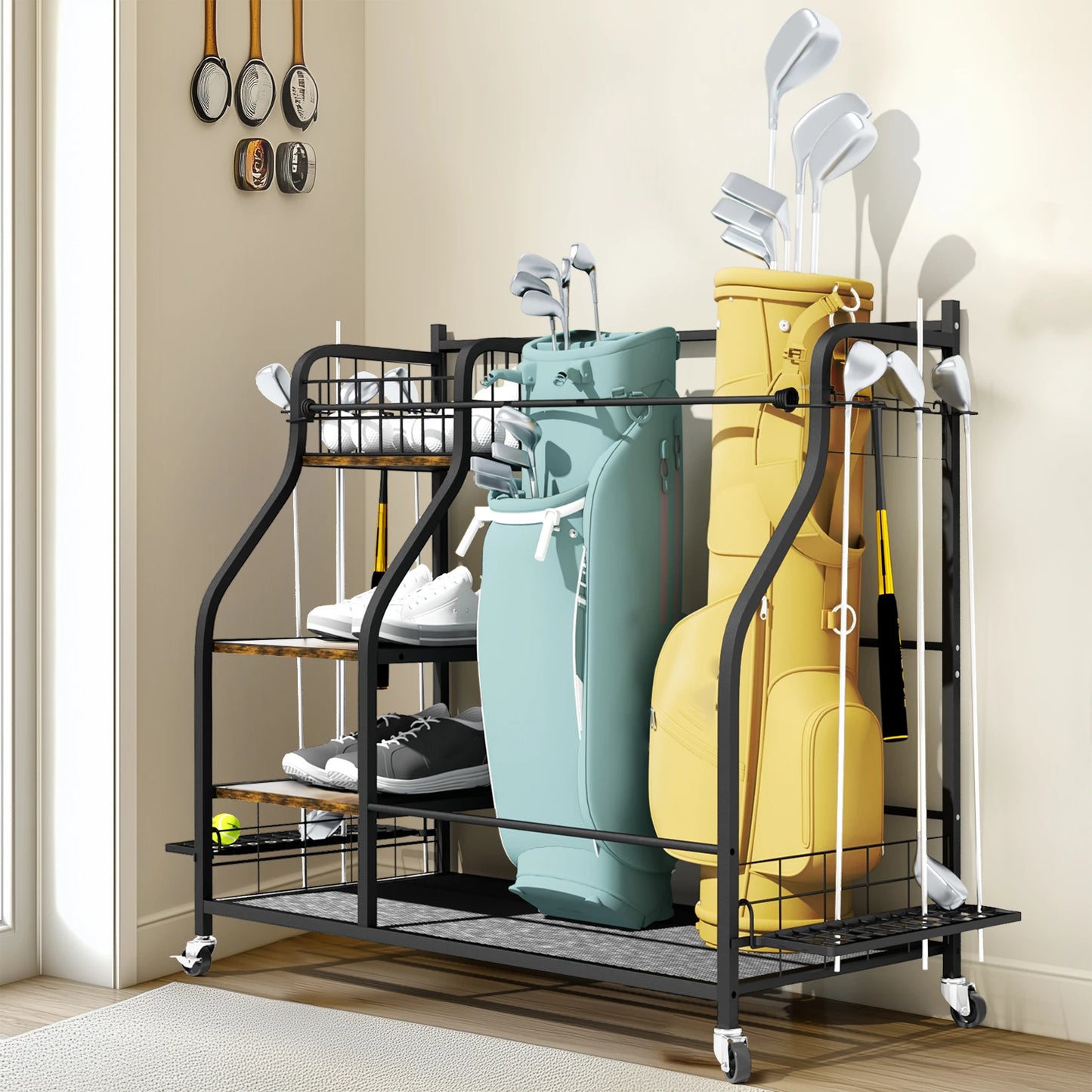Metal Rolling Three Tier Golf Bag Storage Shelf Rack