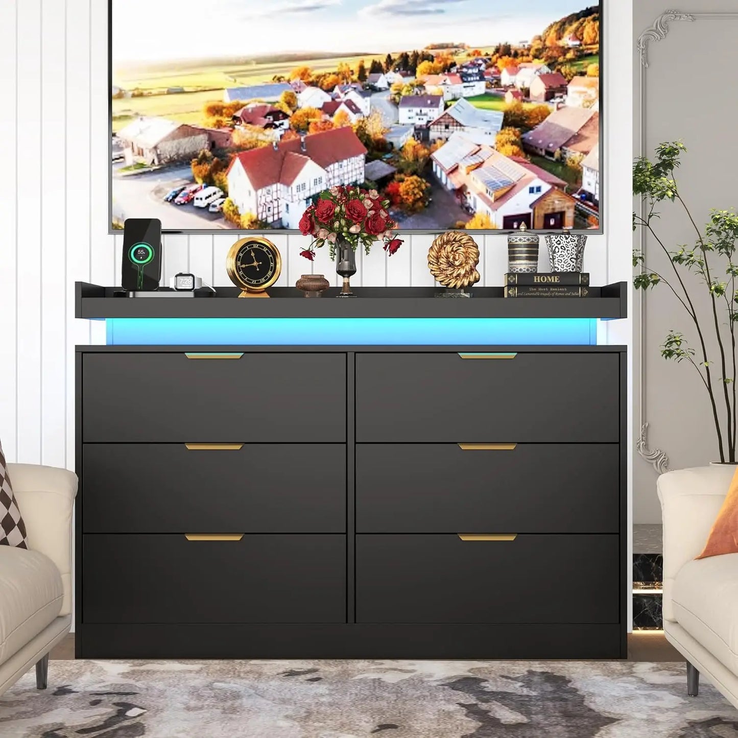 6 Drawer Dresser For Bedroom With LED Lights And Outlet