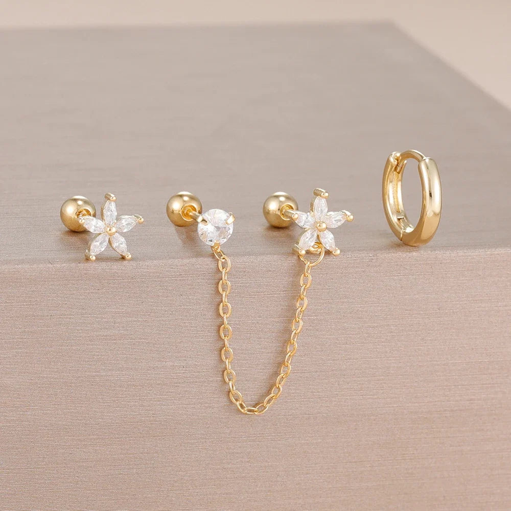 3PCS Stainless Steel Zircon Flower Star Ear Stud Earrings Set 14K Gold Plated Chain Cartilage Piercing Earring Women's Jewelry