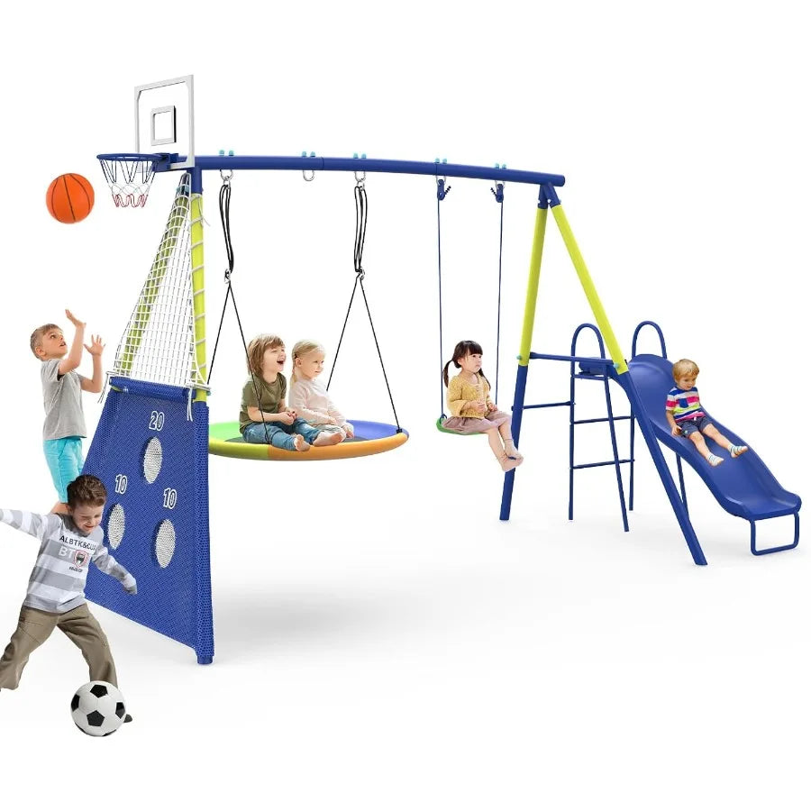 Outdoor Heavy-Duty Metal Swing Set for Backyard with Slide 5 in 1 Playset 440lbs Capacity Red Swing Seat Saucer Belt Swing Socc