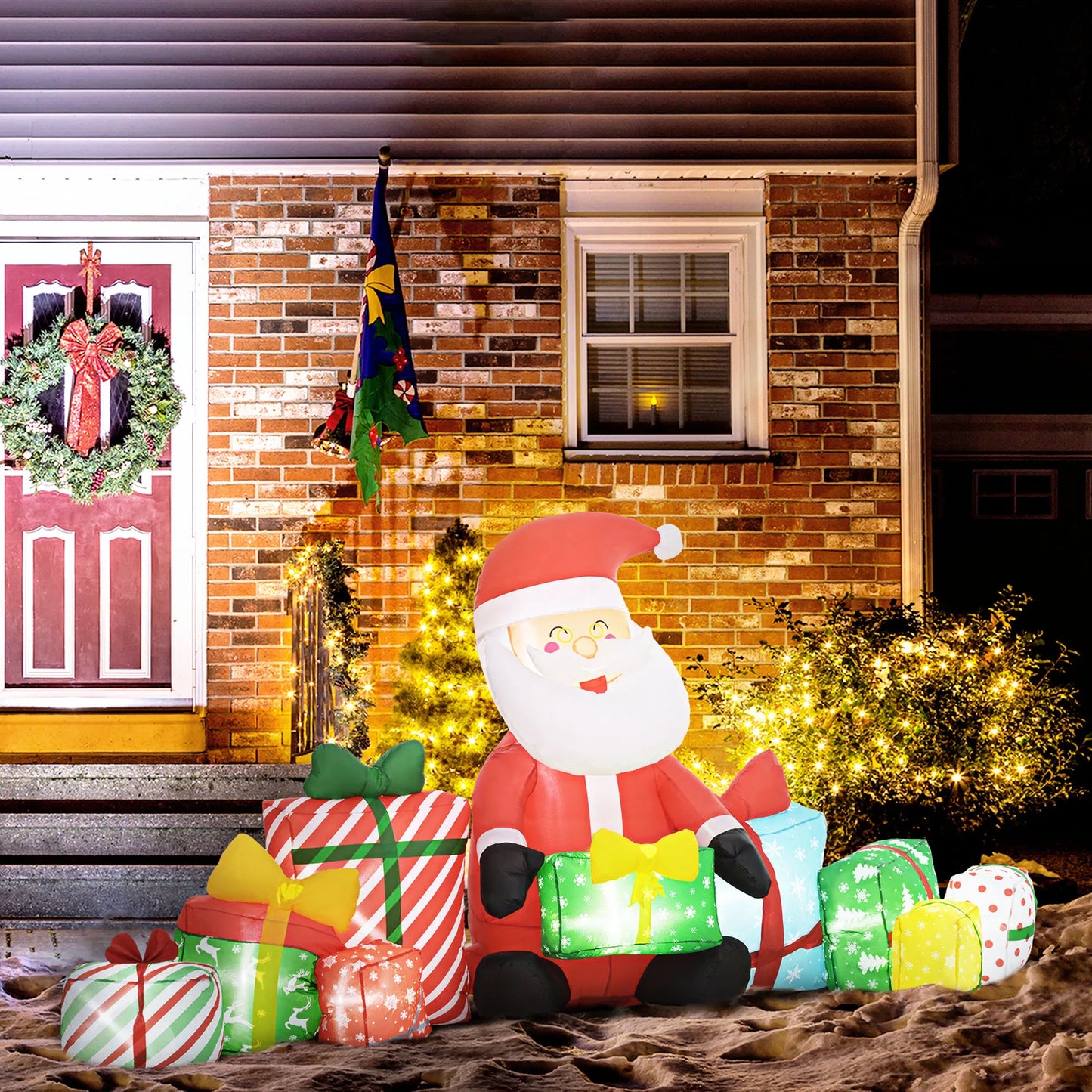 4.4' Christmas Inflatables Santa Claus and Gift Boxes with White LED Lights, Blow-Up Outdoor Christmas Decorations for Lawn Garden Party