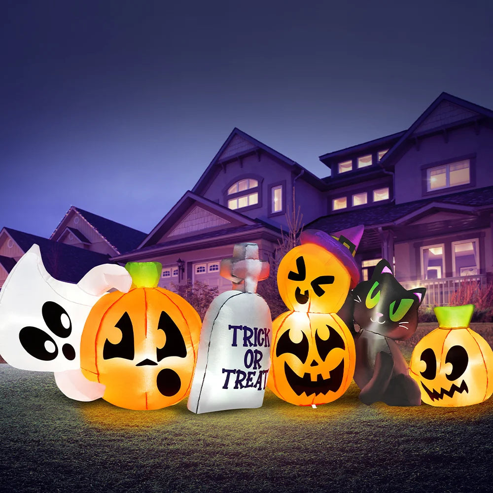 8 FT Long Halloween Inflatables Outdoor Decoration Halloween Blow Up Decorations Outside Inflatable Pumpkin Ghost Cat Tombstone with LEDs for Yard Decor