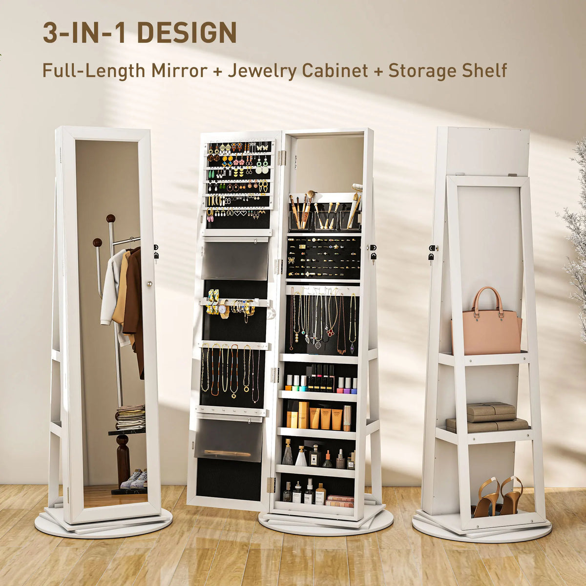 360° Swivel Jewelry Cabinet, Lockable Jewelry Armoire Organizer with Full-Length Mirror, Back Storage Shelves, Interior Small Mirror, for Bedroom Living Room, White