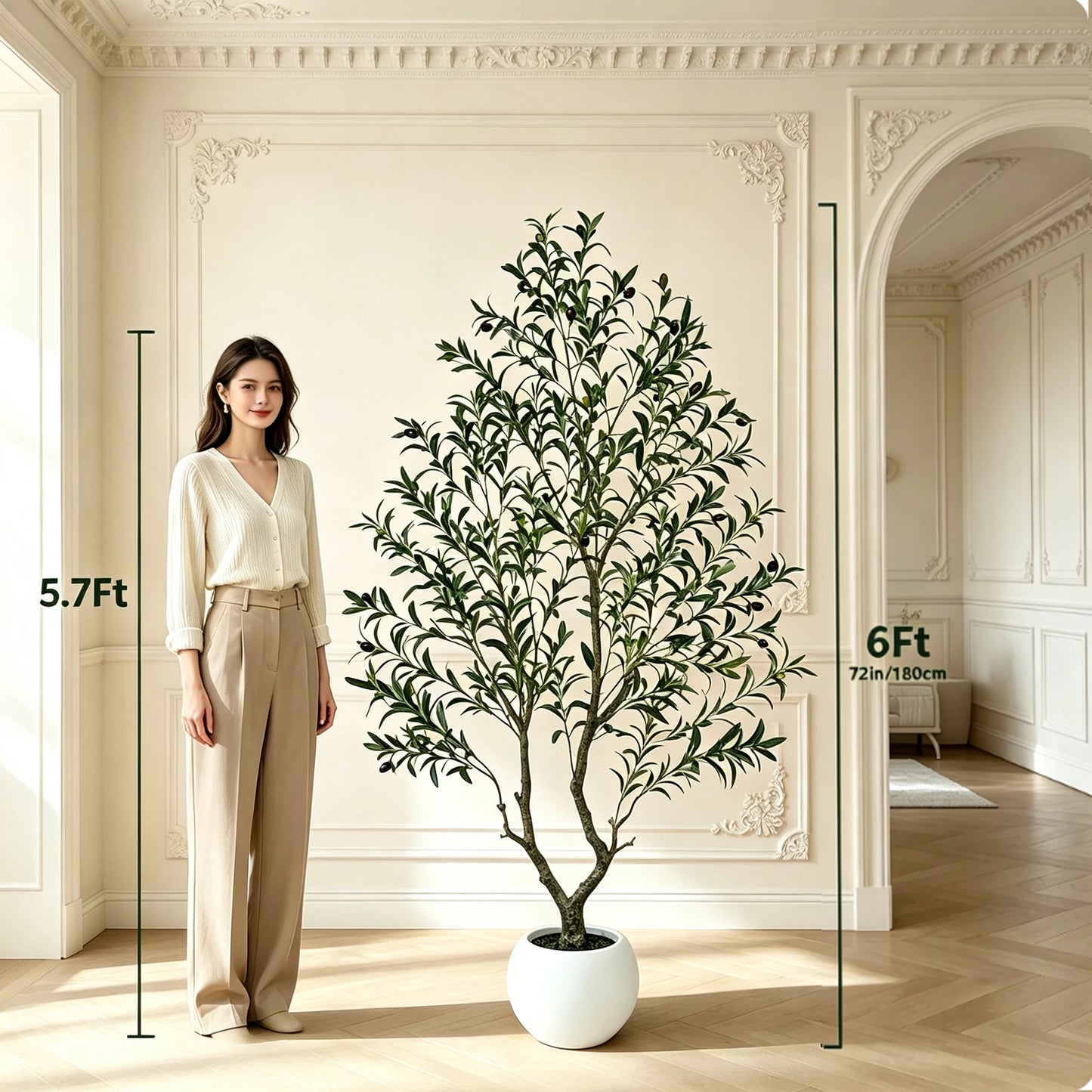 5/6/7/8FT Olive Tree Artificial Indoor Outdoor Faux Olive Tree in Decorative Planter Fluffy Artificial Plants with Natural Wood Trunk and PE Lifelike Fruits for Home Living Room Office Decor