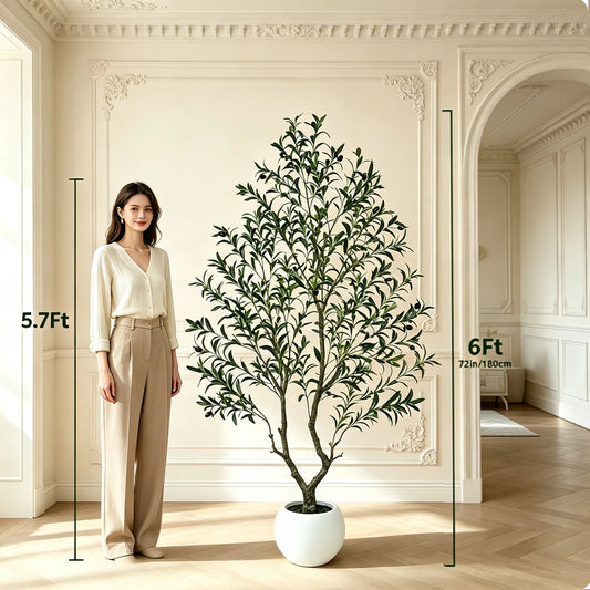 5/6/7/8FT Olive Tree Artificial Indoor Outdoor Faux Olive Tree in Decorative Planter Fluffy Artificial Plants with Natural Wood Trunk and PE Lifelike Fruits for Home Living Room Office Decor
