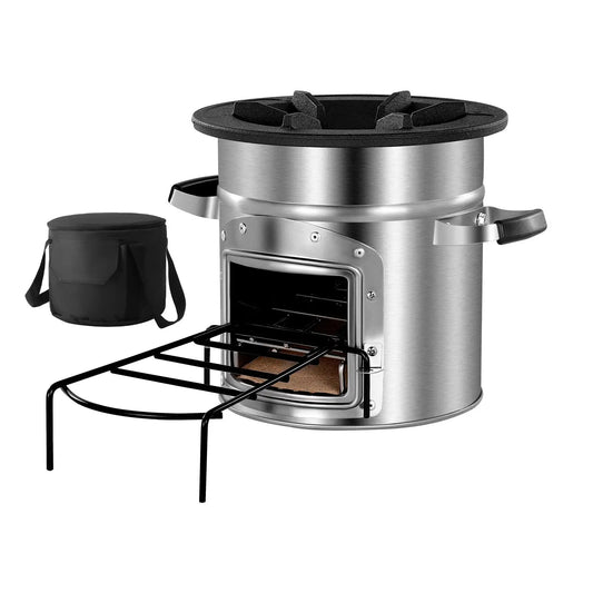 Camping Rocket Stove, Wood Burning Portable Rocket Stove with Carrying Bag for Backpacking, Stainless Steel, Single Door, Burn Wood, Twigs or Sticks for Outdoor Cooking, Backyard, Camp Cooking,Silver