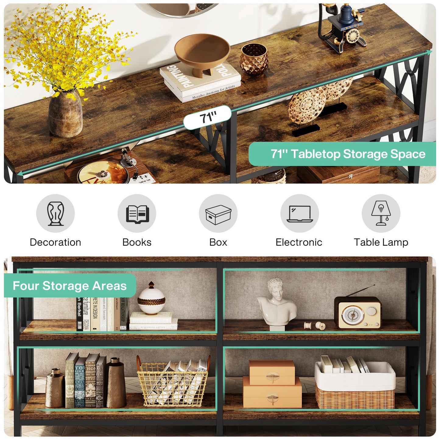 Tribesigns 71" Console Table with Storage Shelves, Industrial 3-Tier Entryway Table for Living Room, Hallway, Front Door, Foyer