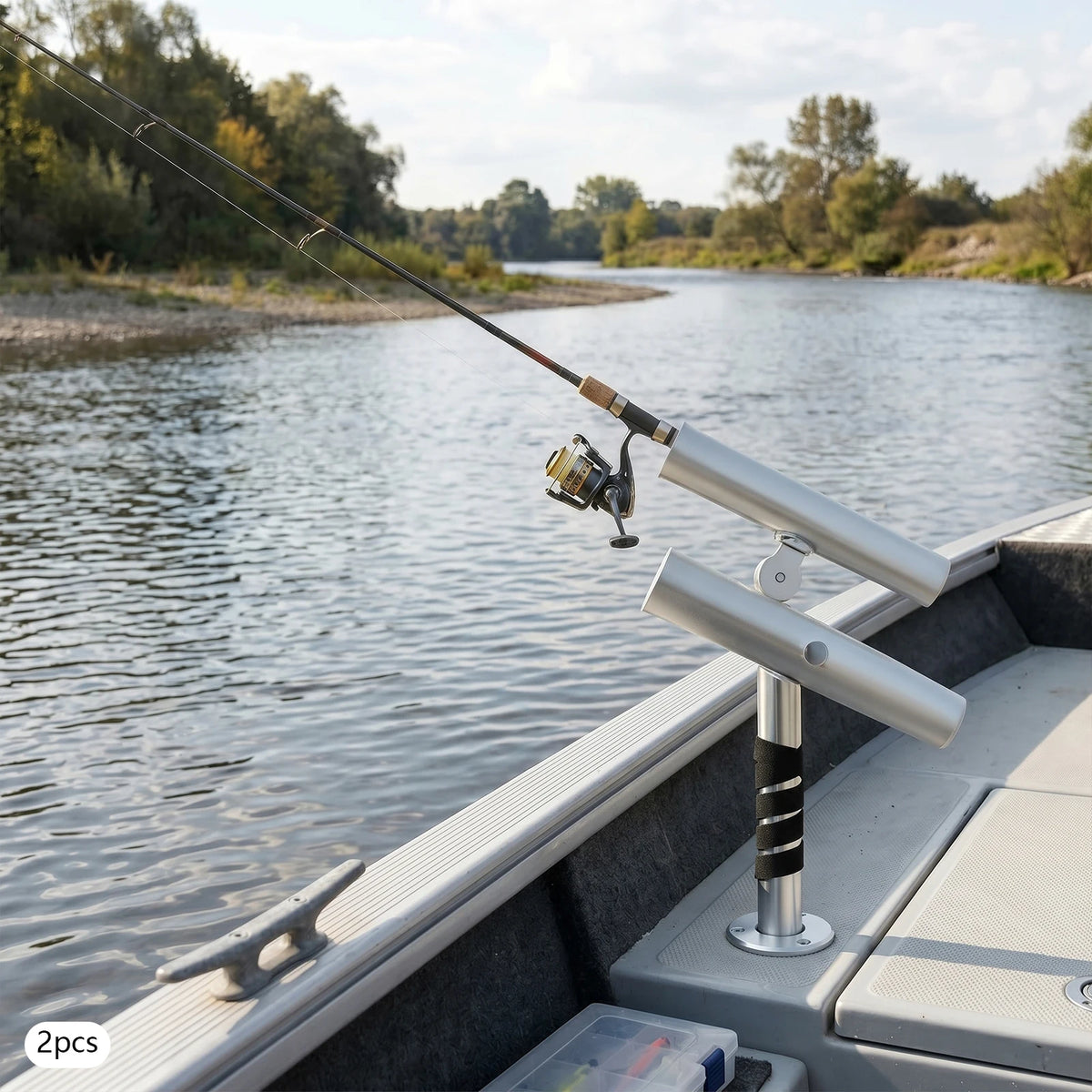 Fishing Rod Holders, 2pcs Double Ended Fishing Rod Holder, Rod Rack, Stainless Steel Adjustable Bracket for Boats, Dual Rod Design, Non-Slip Rubber Padding, 75cm Nylon Strap, Easy Install, Portable Secure Support for Railings