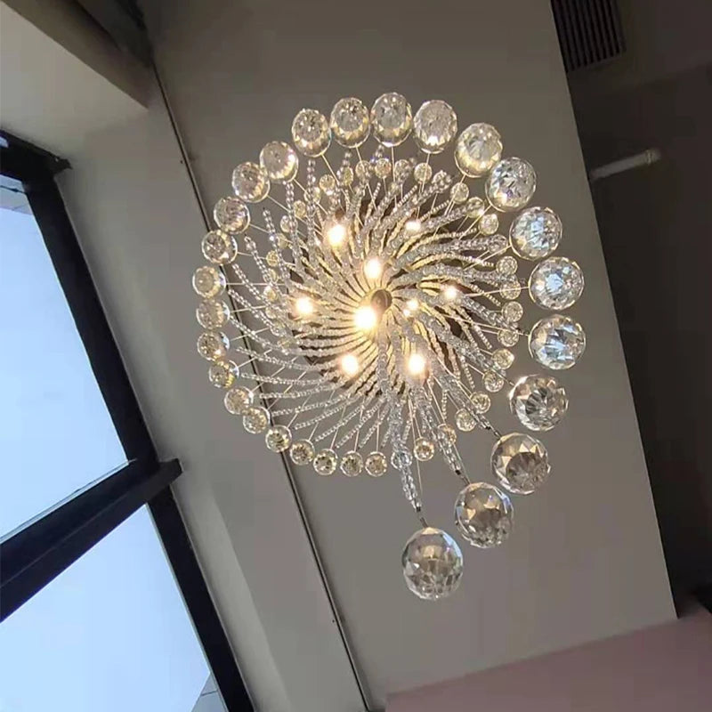 Modern Crystal Spiral Chandelier LED Hanging Lamp For Staircase Decor