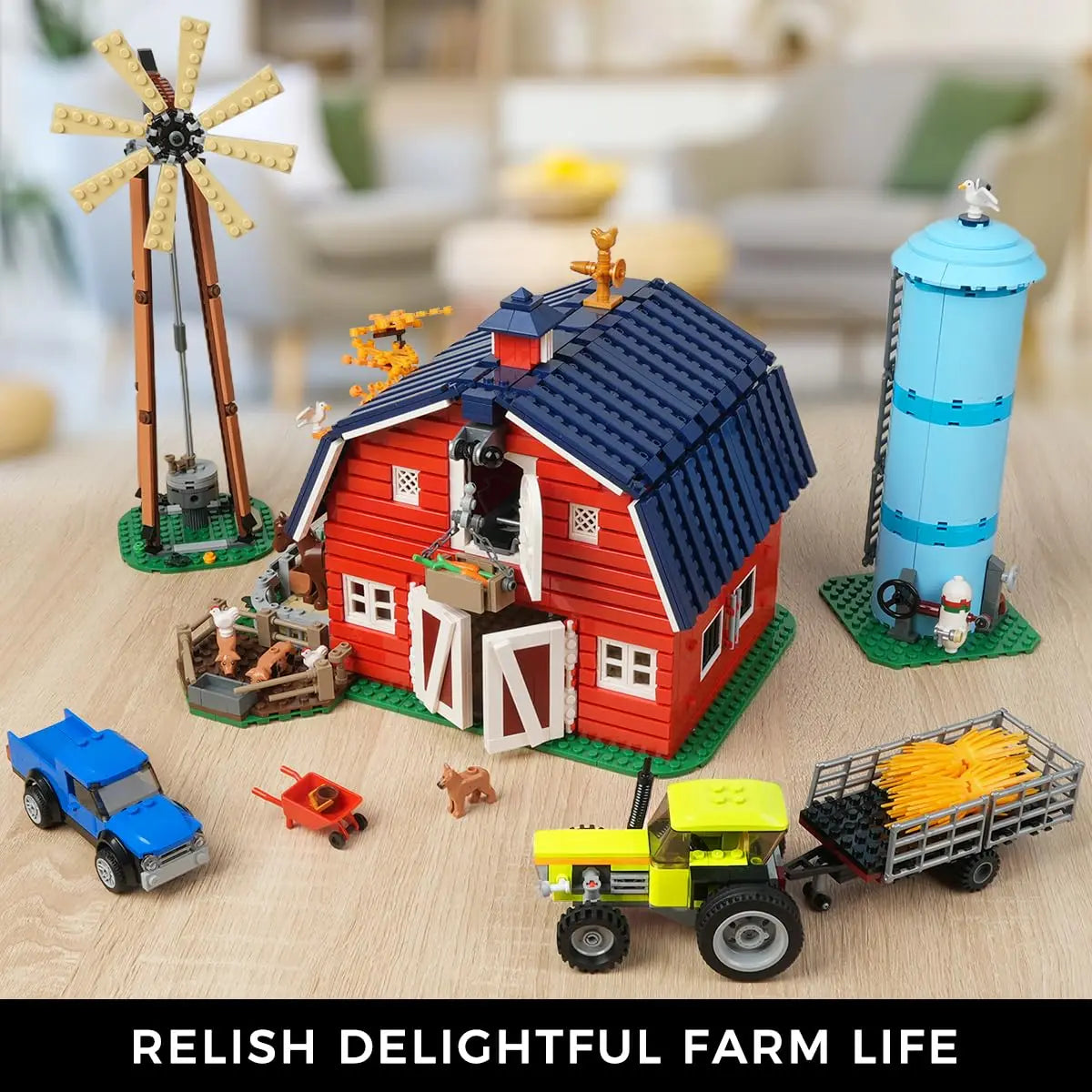 HOGOKIDS Farm Barn Building Set With Windmill Light And Animals