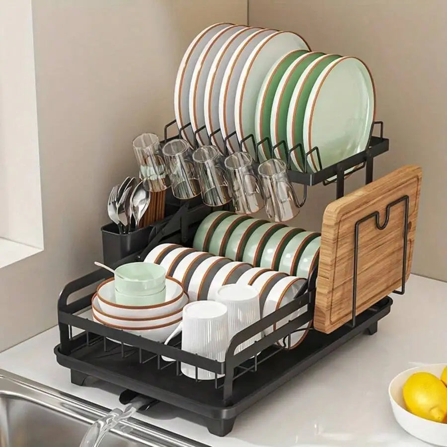 Stainless Steel Two Tier Dish Drying Rack With Auto Drainage