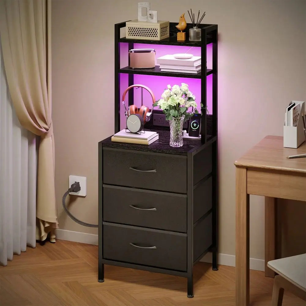 Triple Function Charging Cabinet Side Table Nightstand Bookshelf With Light