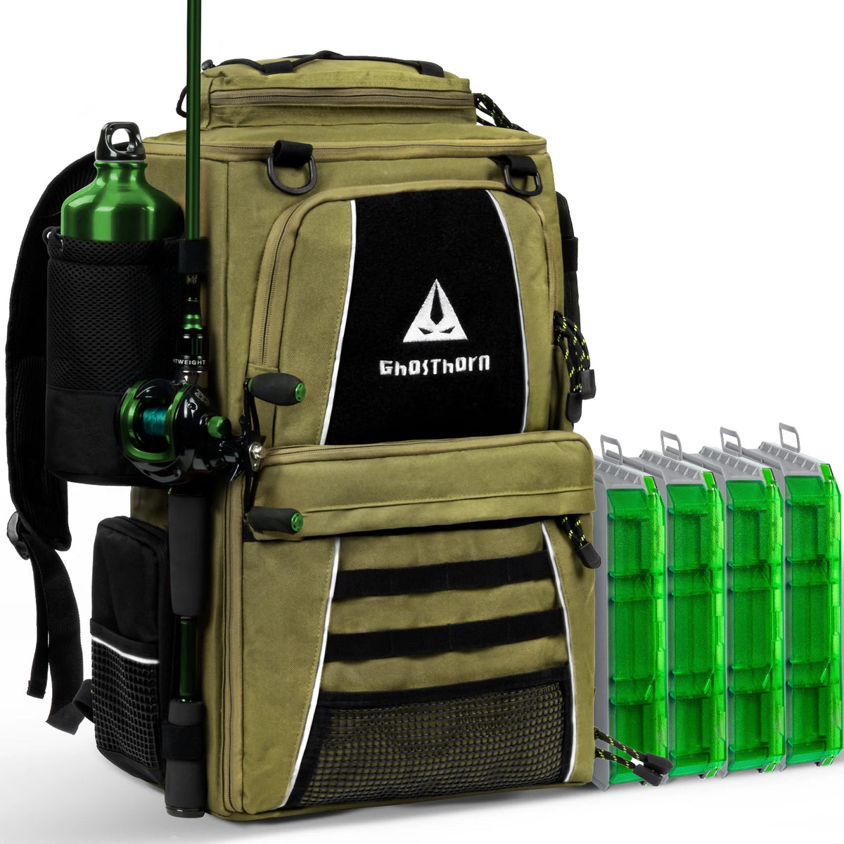 Ghosthorn 43L Fishing Backpack with 4×3600 Tackle Boxes, Rod Holder & Detachable Waist Bag, Waterproof