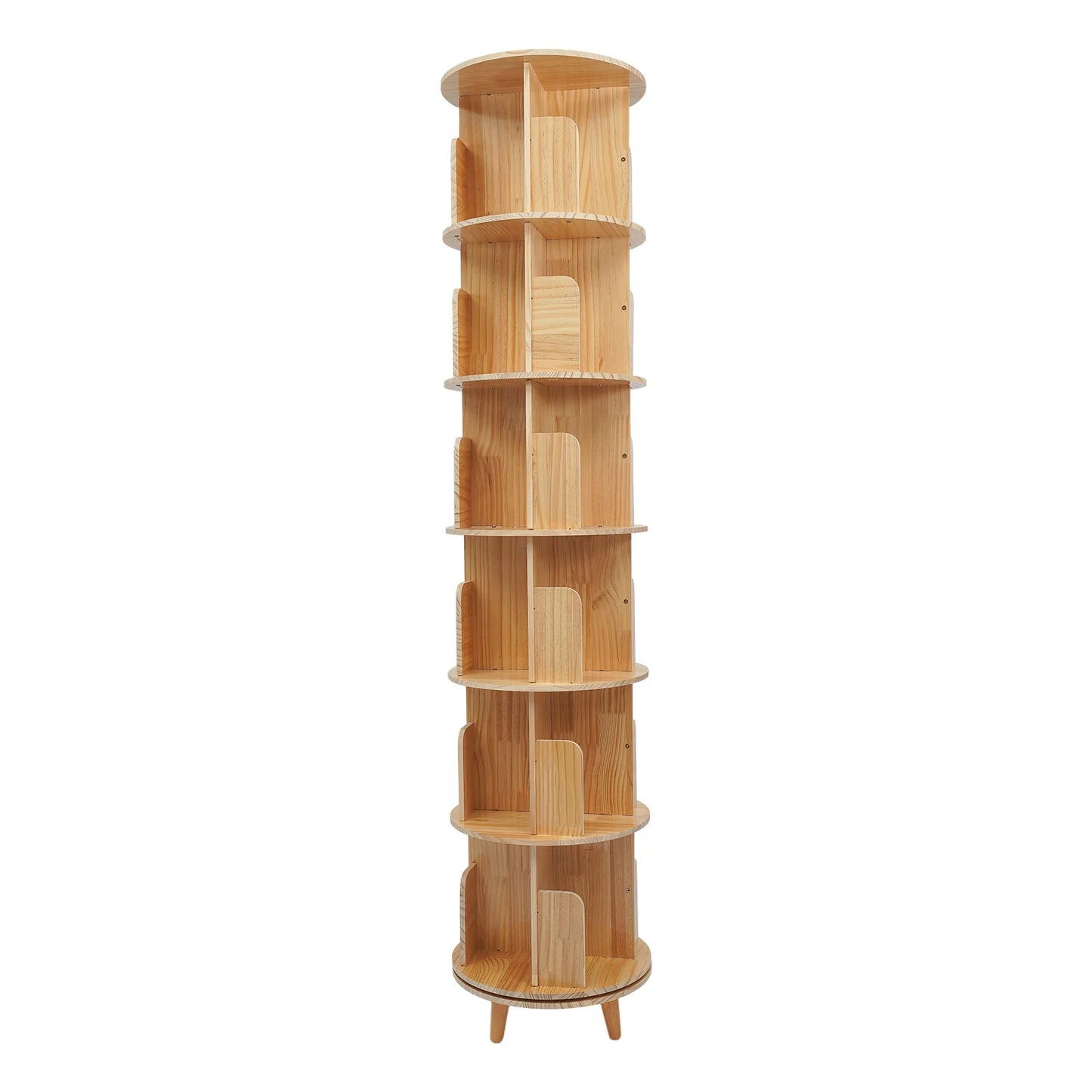 6 Tier Pine Wood Bookshelf 360° Rotating Bookcase Storage with Legs Floor Standing Bookshelf Organizer for Storing Books, Precious Souvenirs, Displays, Miniature Potted Plants, Photo Frames