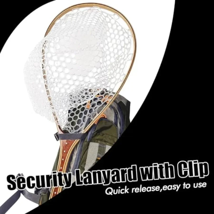 Fly Fishing Net for Freshwater Saltwater Use: Wooden Handle, Black Rubber Mesh, Soft Landing Safety Design Ideal Gift for Men F