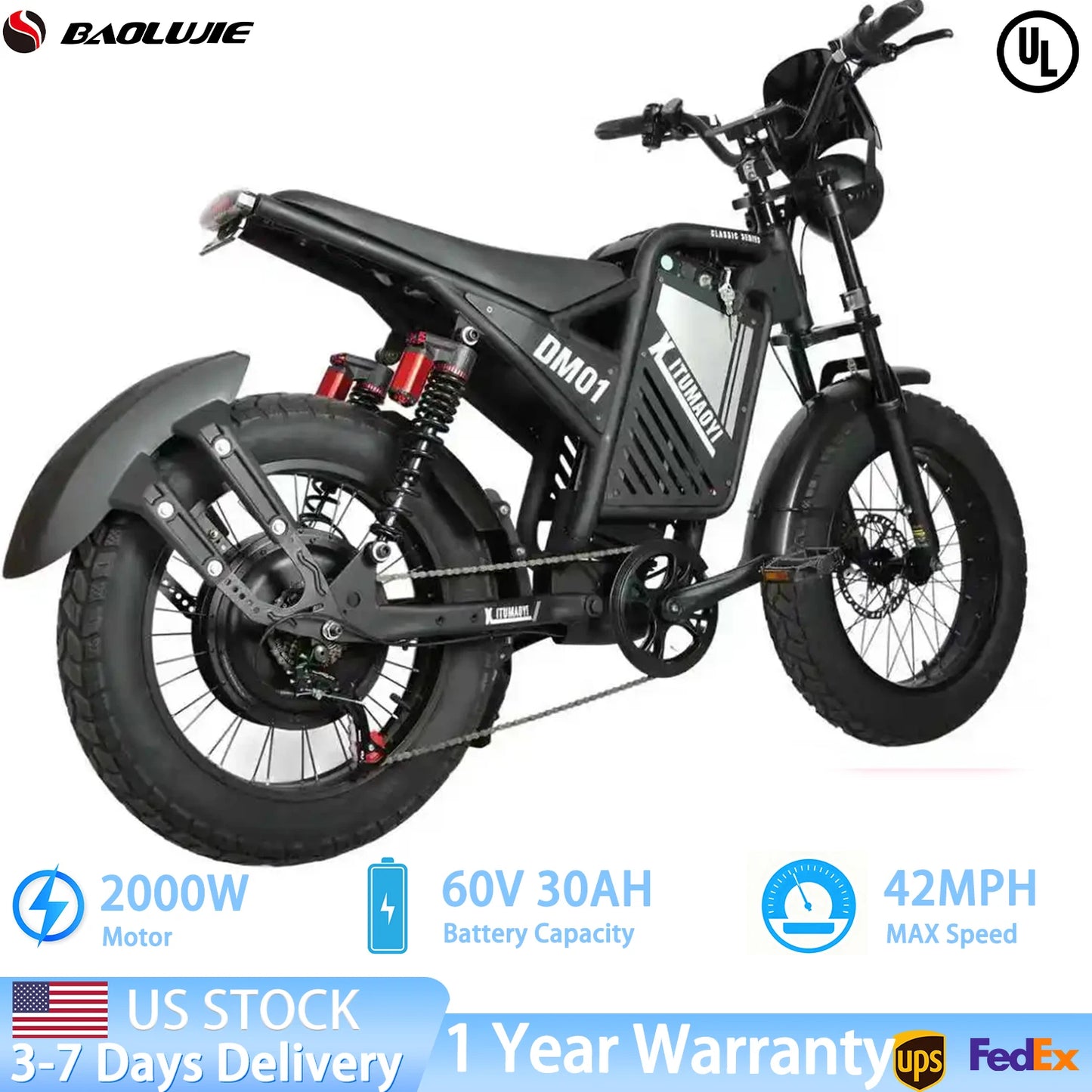 Baolujie DM01 60V 30Ah Electric Bike 42 MPH EBike