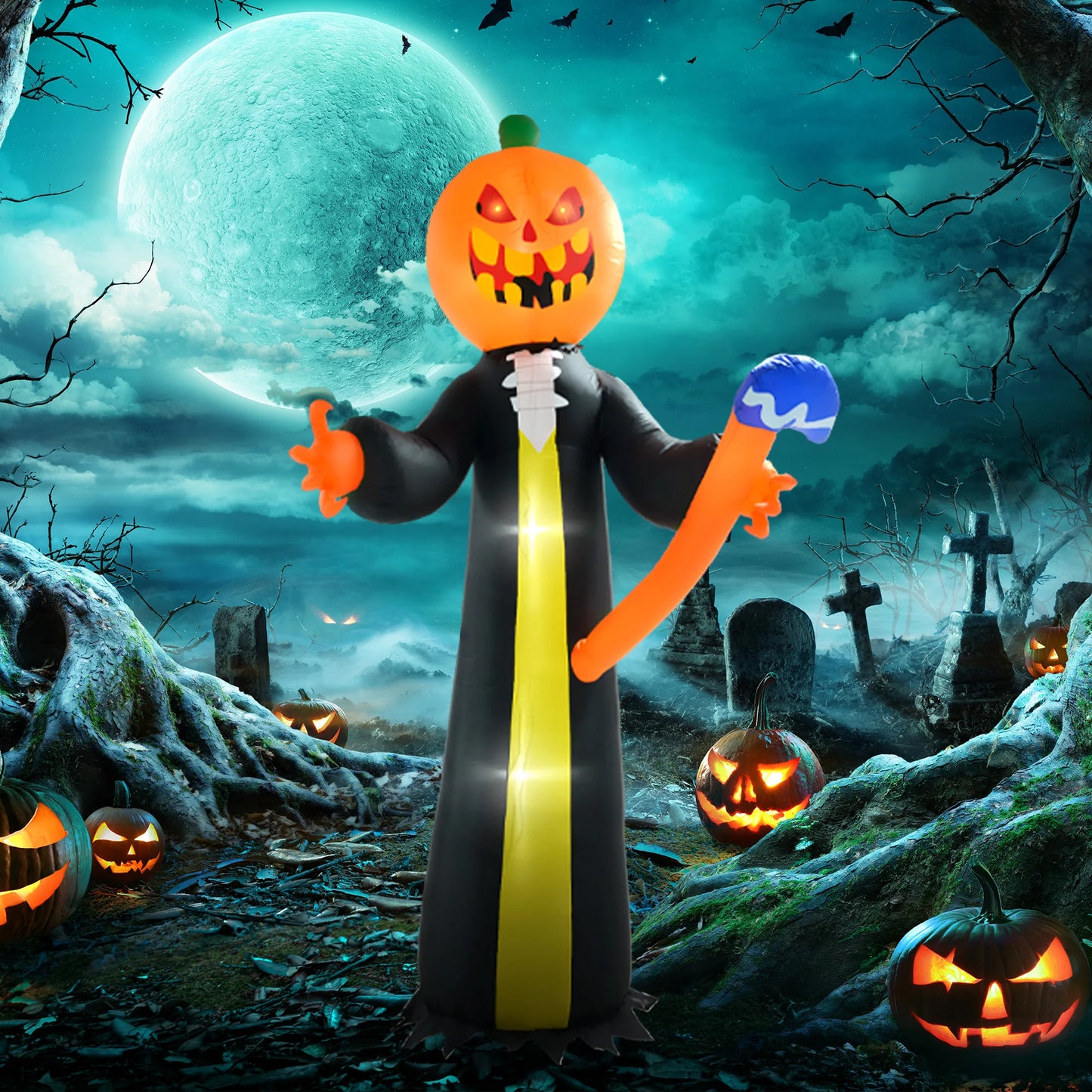 10ft Inflatable Halloween Pumpkin Head Ghost with Hammer, Blow Up LED  Display for Garden Indoor Outdoor
