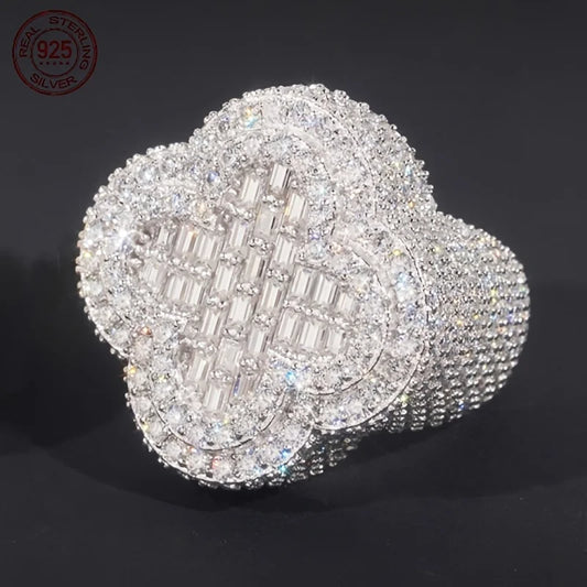 925 Sterling Silver Luxury Hip Hop Ring For Men Full Cubic Zirconia White Gold Plated Clover Rings Male Punk Jewelry Party Gift