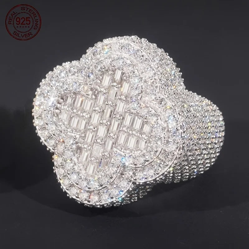WPOOCC 925 Sterling Silver Cubic Zirconia Clover Ring For Men Gold Plated