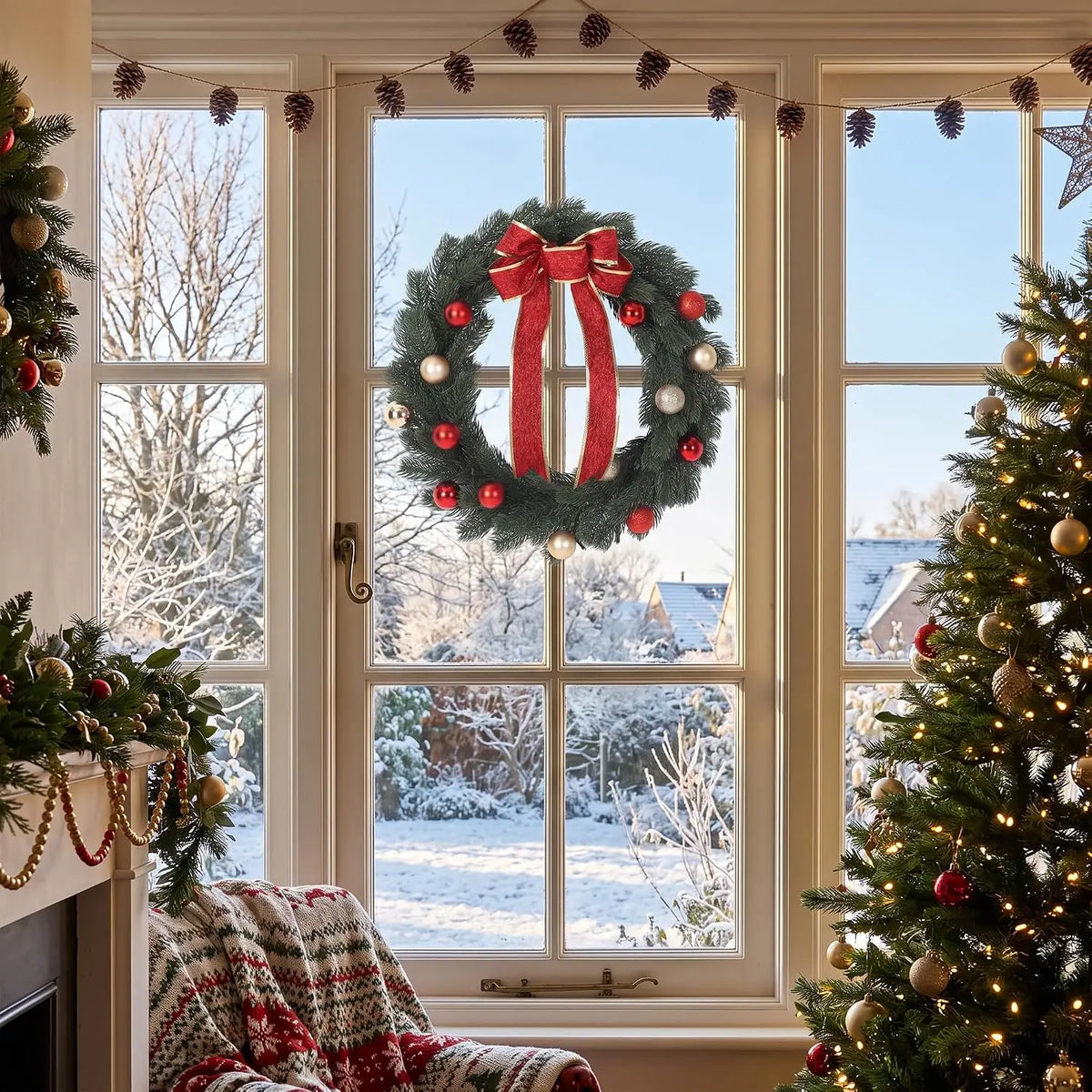 45/55/60CM Pre-Lit Christmas Wreath for Front Door Artificial Pine with LED Lights Red Bow & Red/Gold Ornaments Window Wall Hanging Decor Xmas Decorations