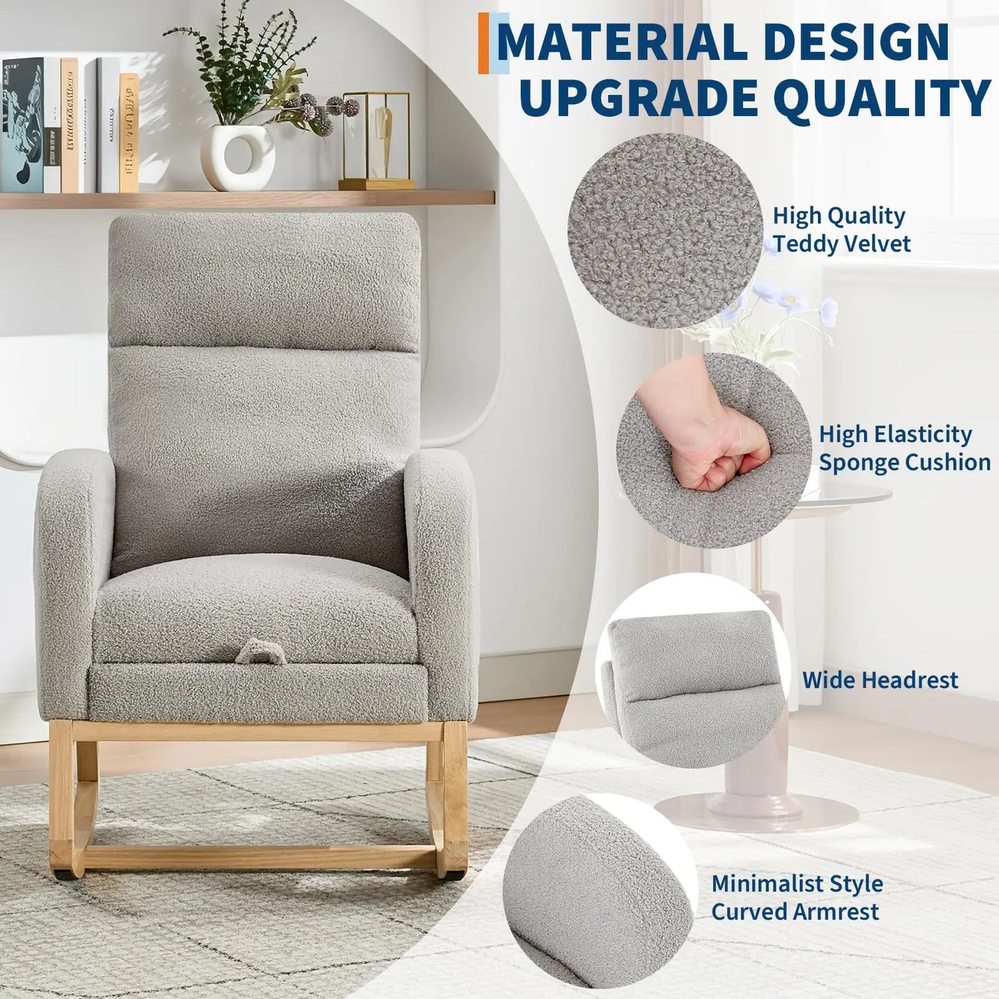 Modern Nursery Rocking Chair, Teddy Upholstered Rocking Chair with Footrest, Comfortable Rocker Recliner with Side Pocket, Rocker Glider for Living Room, Bedroom, Nursing Room