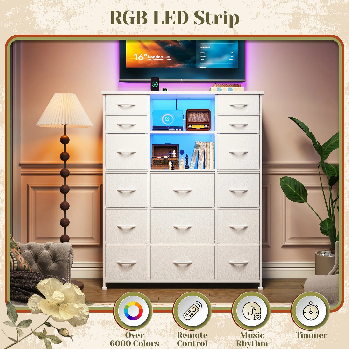 EnHomee 15 Fabric Drawers Storage Organizer With Charging Station LED Hutch