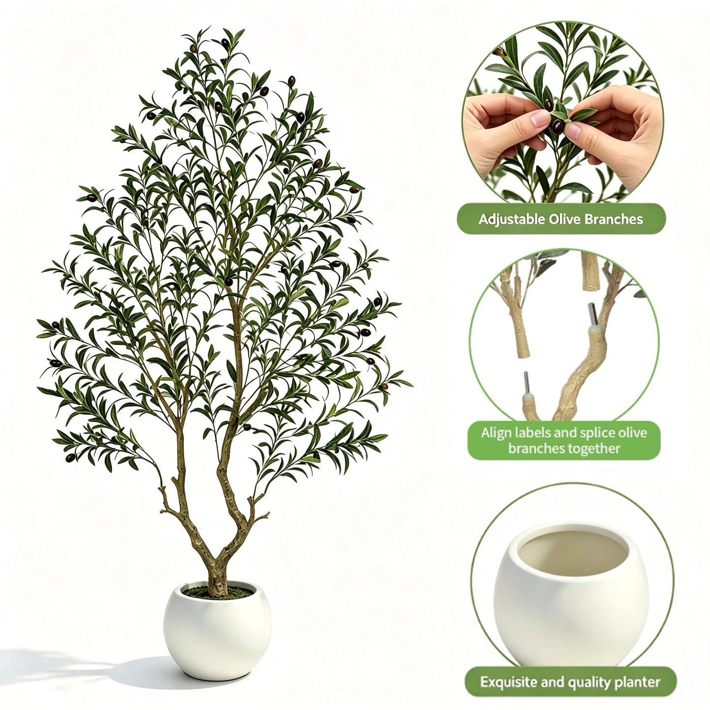 5/6/7/8FT Olive Tree Artificial Indoor Outdoor Faux Olive Tree in Decorative Planter Fluffy Artificial Plants with Natural Wood Trunk and PE Lifelike Fruits for Home Living Room Office Decor
