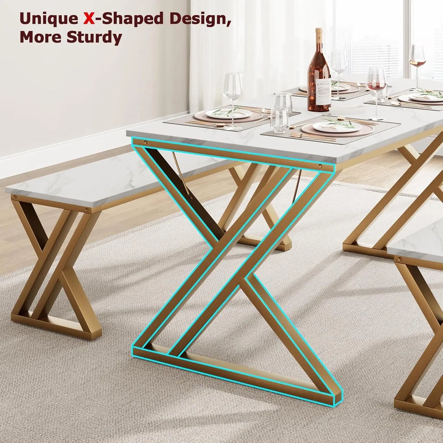 HobbyLane 4 Person Dining Table Set With Benches Metal Frame