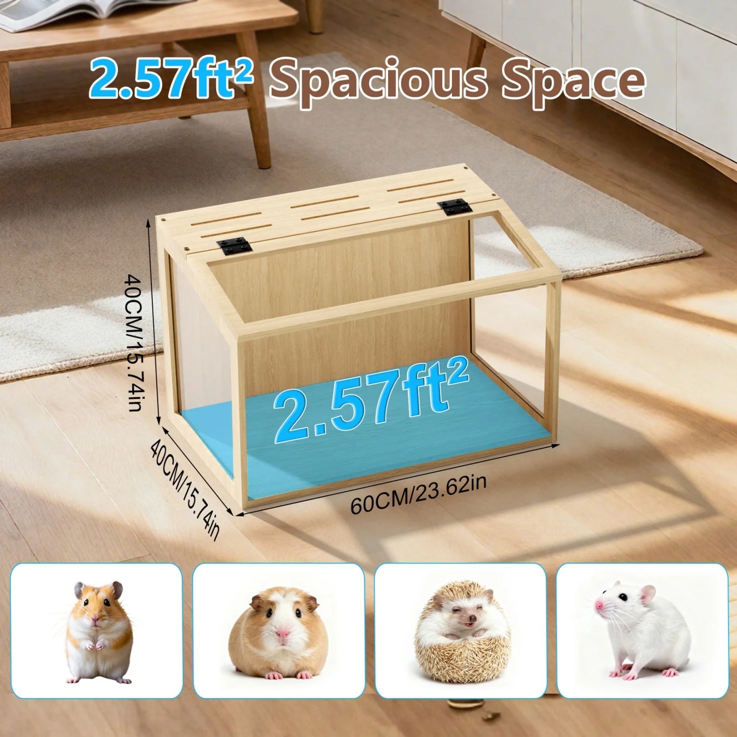 Wooden Hamster Guinea Pig Habitat Cage With Tempered Glass