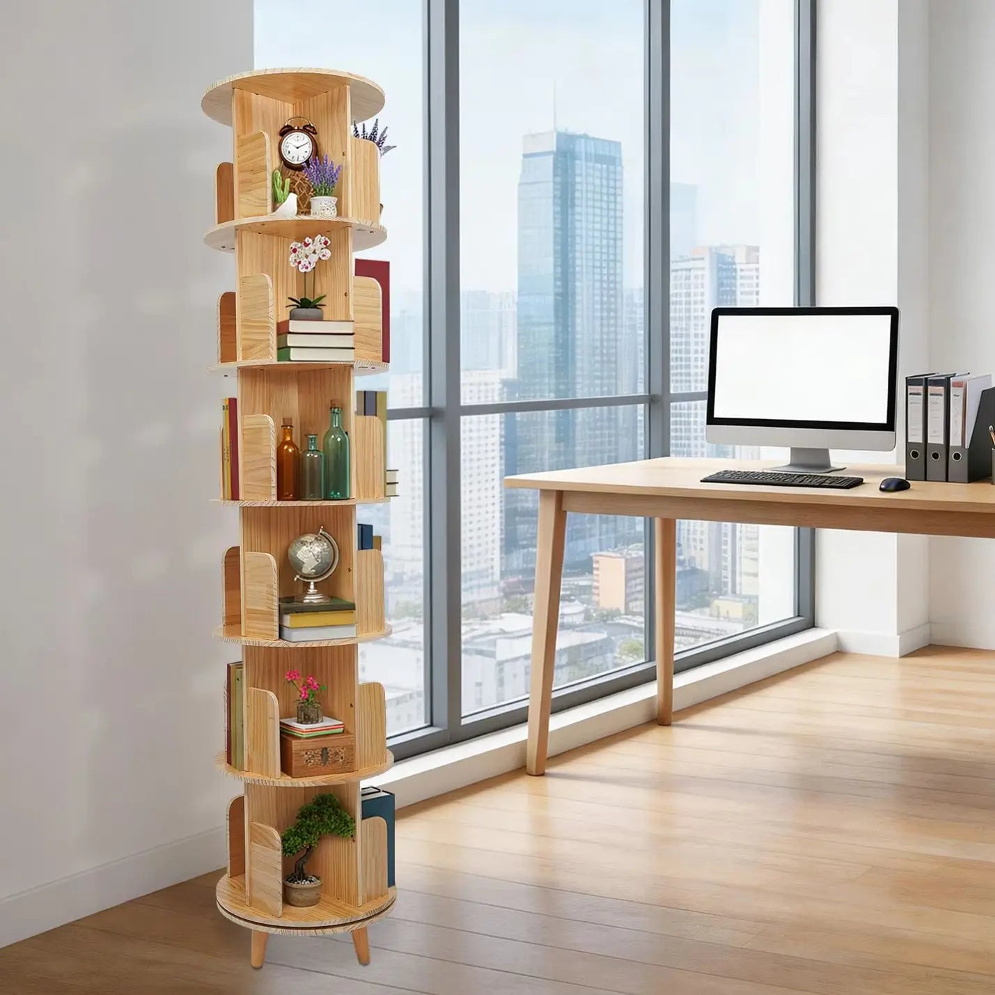 6 Tier Pine Wood Bookshelf 360° Rotating Bookcase Storage with Legs Floor Standing Bookshelf Organizer for Storing Books, Precious Souvenirs, Displays, Miniature Potted Plants, Photo Frames