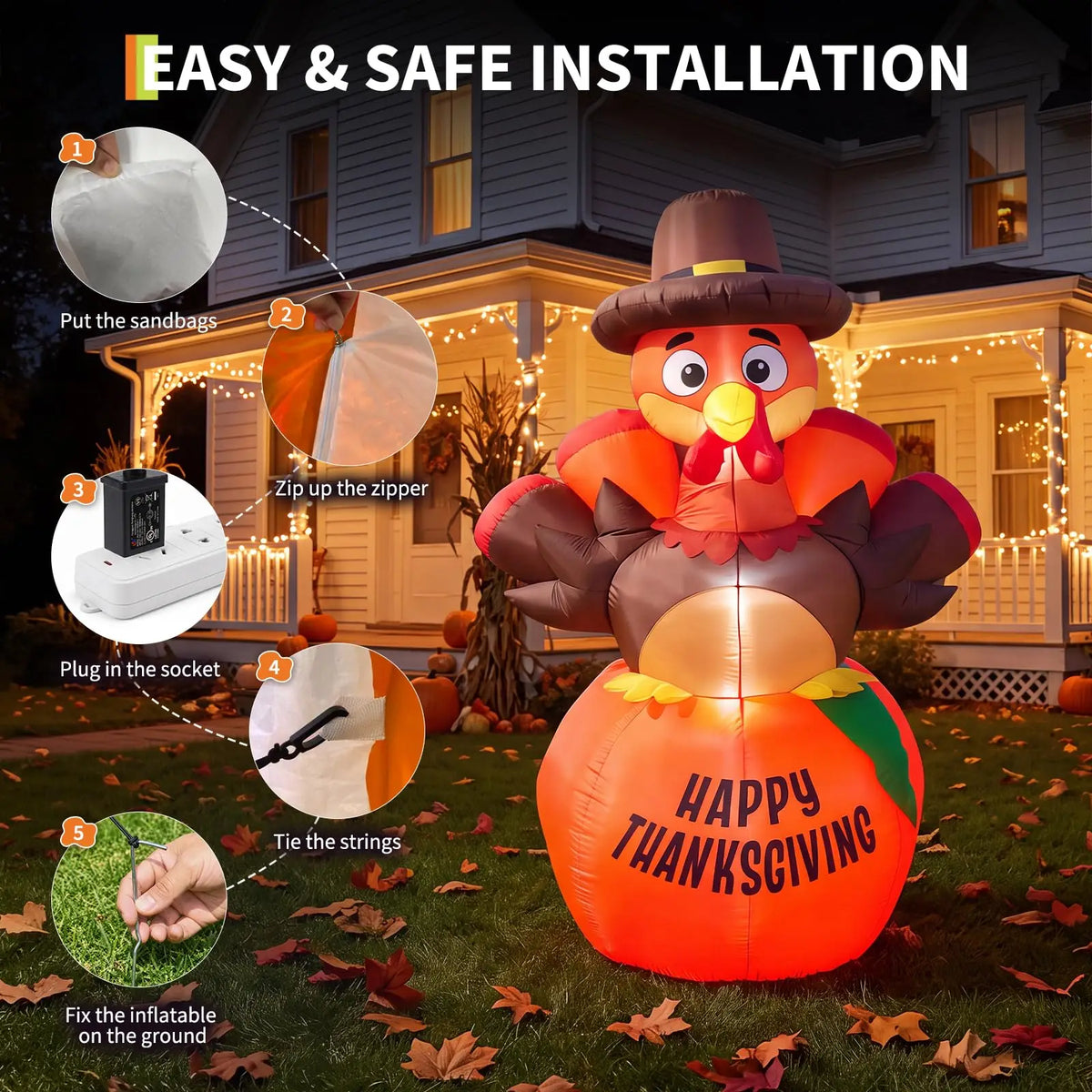 6ft Thanksgiving Pumpkin Turkey Inflatable Yard Decor With 7 Led Lights, Blower, Stakes & Ropes For Lawn Porch Garden Party Home