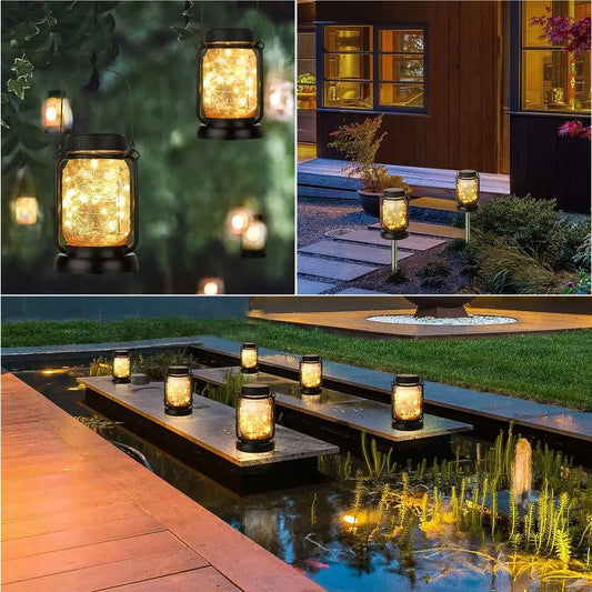 4 Pack Solar Hanging Lantern with Stakes, Outdoor Waterproof Solar Mason Jar Fairy String Lights Decorative Vintage Glass LampWa